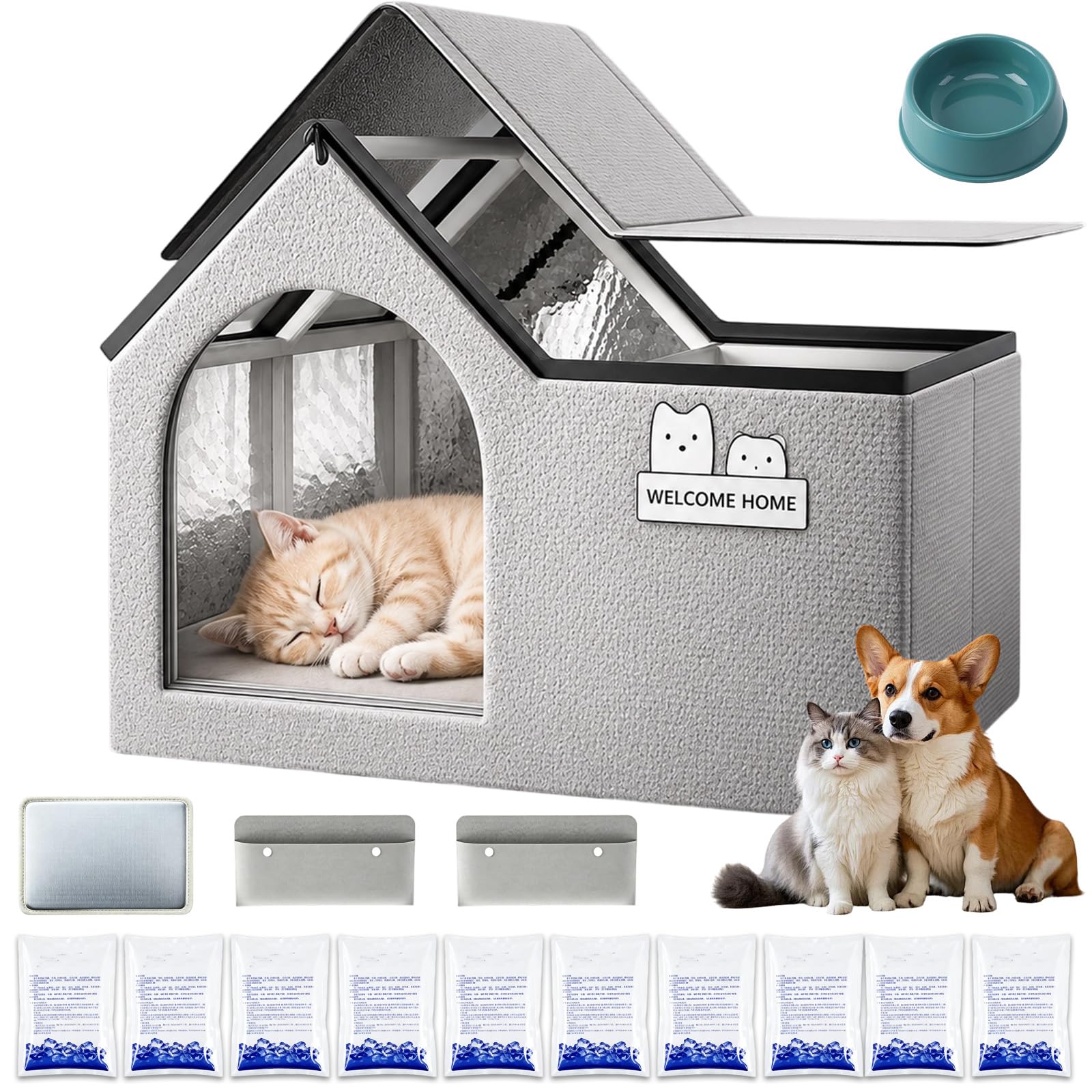 Kühlhaus Für Katzen Mit 10 Kühlakkus,Atmungsaktives Schlaf Und Temperaturkontrolldesign, Faltbare Wetterfest Sommerunterschlupf Für Katze, Hund, Drinnen Und Drauße (Gray+steel frame,23.6*15*16.5in)