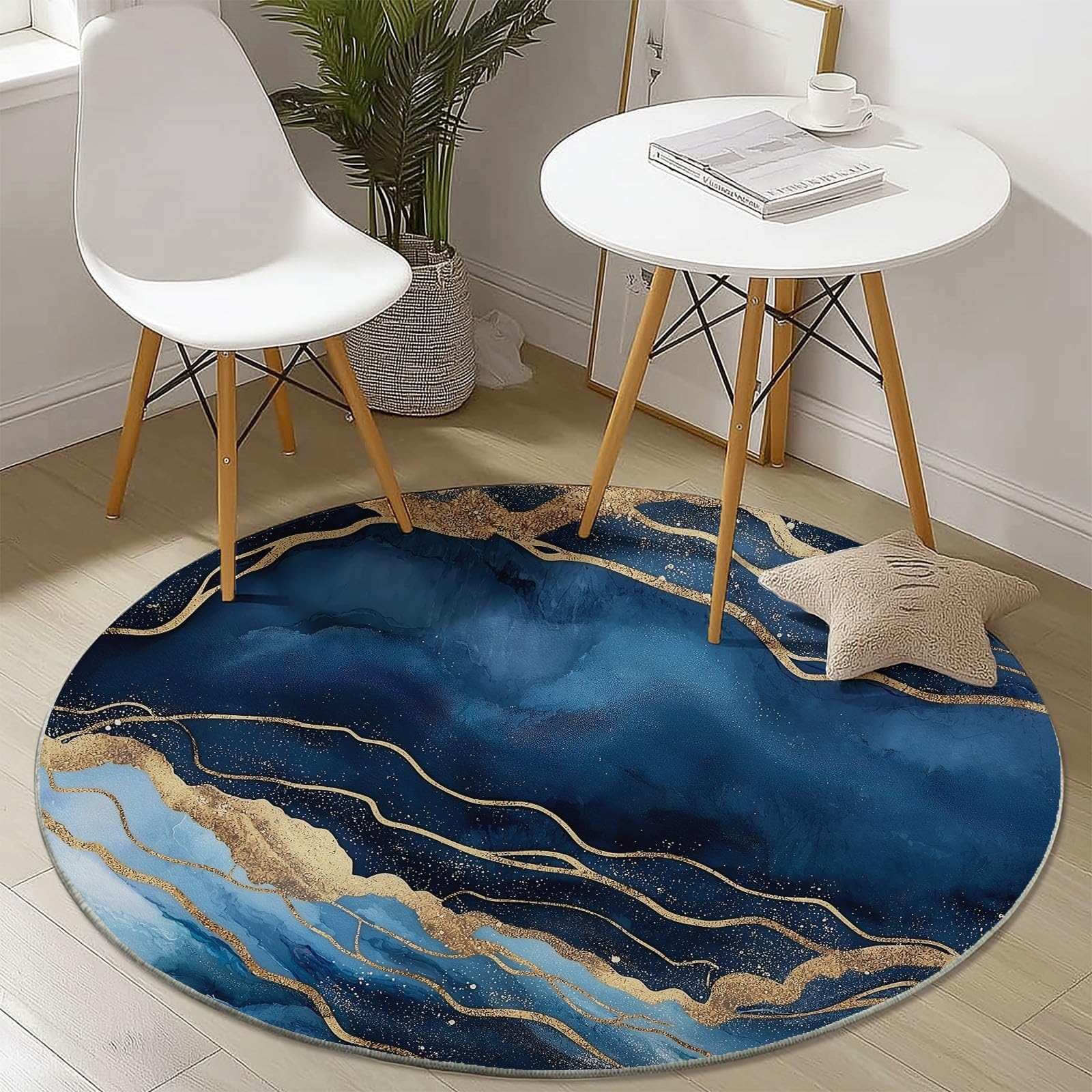 Générique Tapis Rond antidérapant à Motif Vagues Océaniques Abstraites, Lavable en Machine - pour Chambre à Coucher Salon Cuisine - Décoration d'intérieur - 150 cm Bleu Or