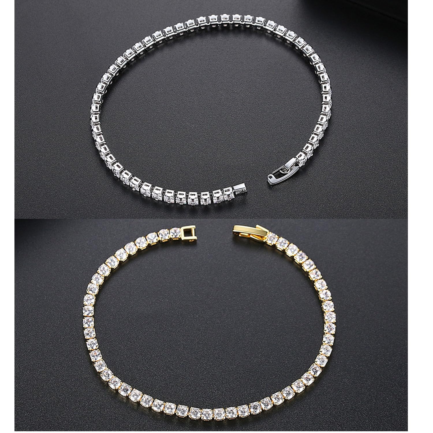 YCTTKDD 2 ück 18 Karat vergoldetes 4 mm kubisches Oxid-Messing-Zirkon-klassisches Tennisarmband, Damen-Goldarmband (Größe 7,48 Zoll)