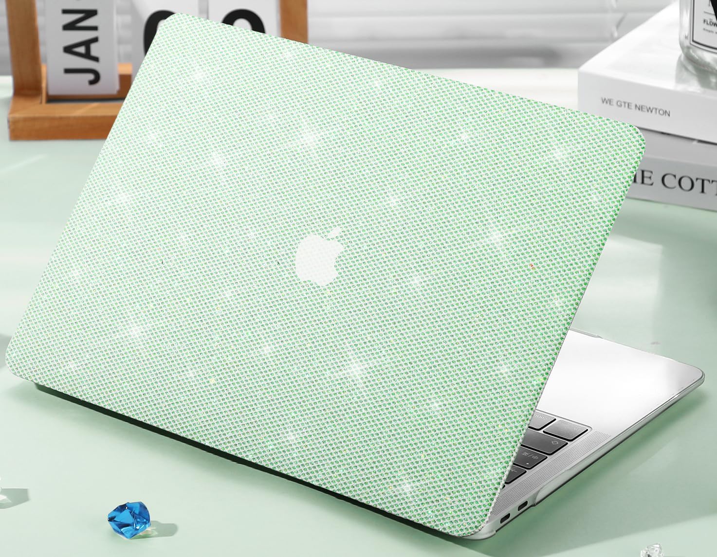 KEROM Bling Glitter Case for MacBook Pro 13 inch 2024-2016 M2 M1 A2338 A2289 A2251 A2159 A1989 A1706 A1708, Luxury Bedazzled Shiny Sparkle Glitter PU Leather Hard Shell Case & Keyboard Cover, Green