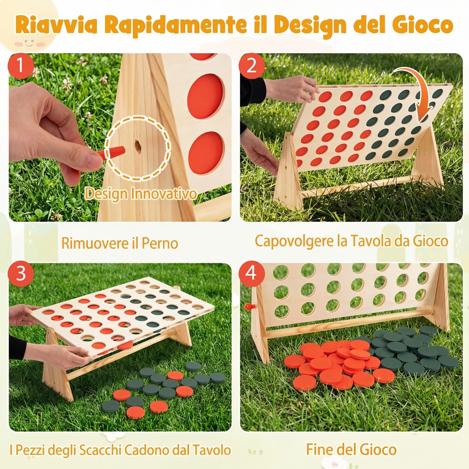 COSTWAY Forza 4 con 42 Pedine e Cornice in Legno di Pino, Gioco 4 in Linea da Interno ed Esterno, Gioco da Tavolo per Famiglia, Bambini, Adolescenti e Adulti