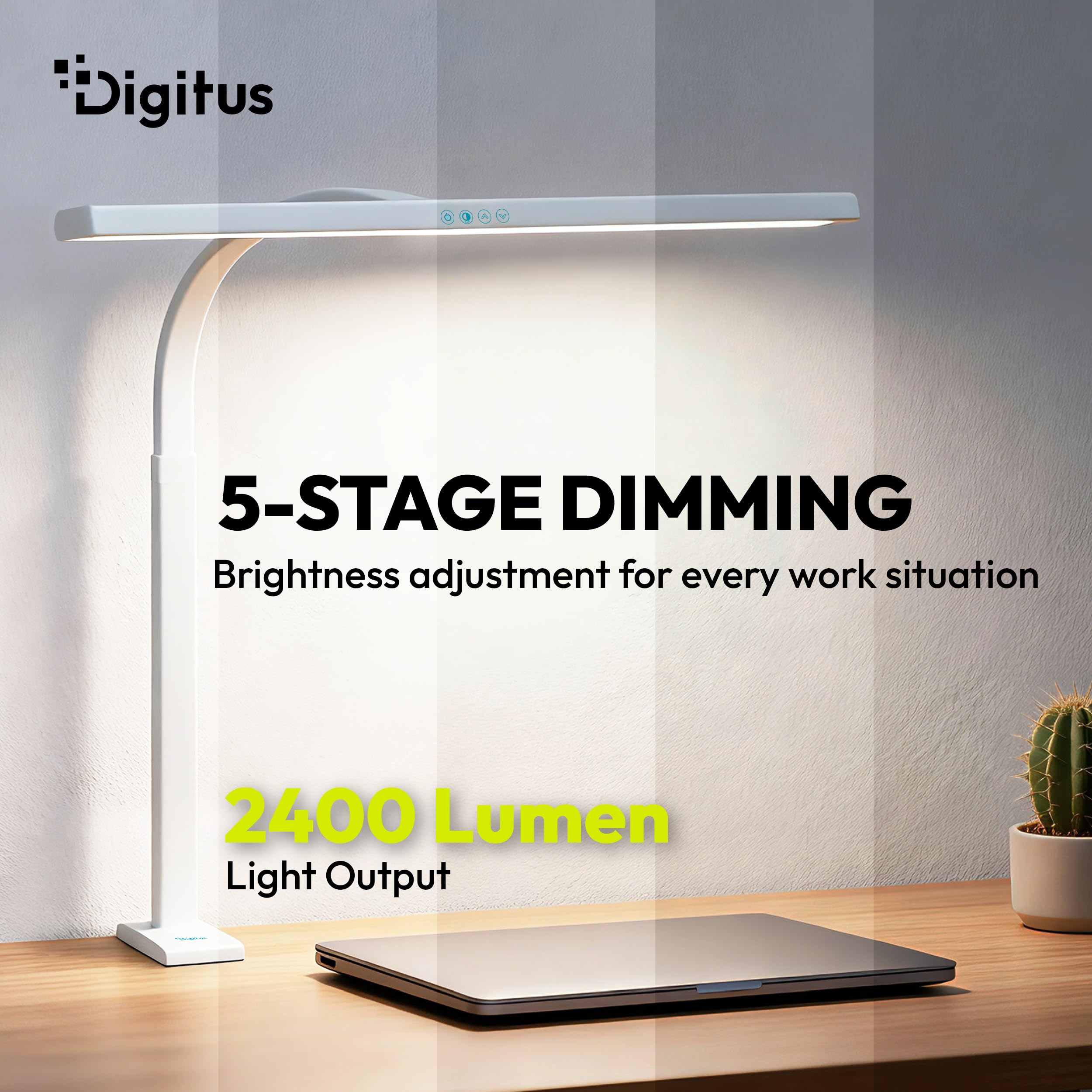 Digitus Lampada da scrivania a LED – 2400 lumen – 80 cm di larghezza – 16 W | 1000 lux – Temperatura di colore a 4 livelli – Regolabile – Comando touch – Braccio flessibile – Base a morsetto – Bianco