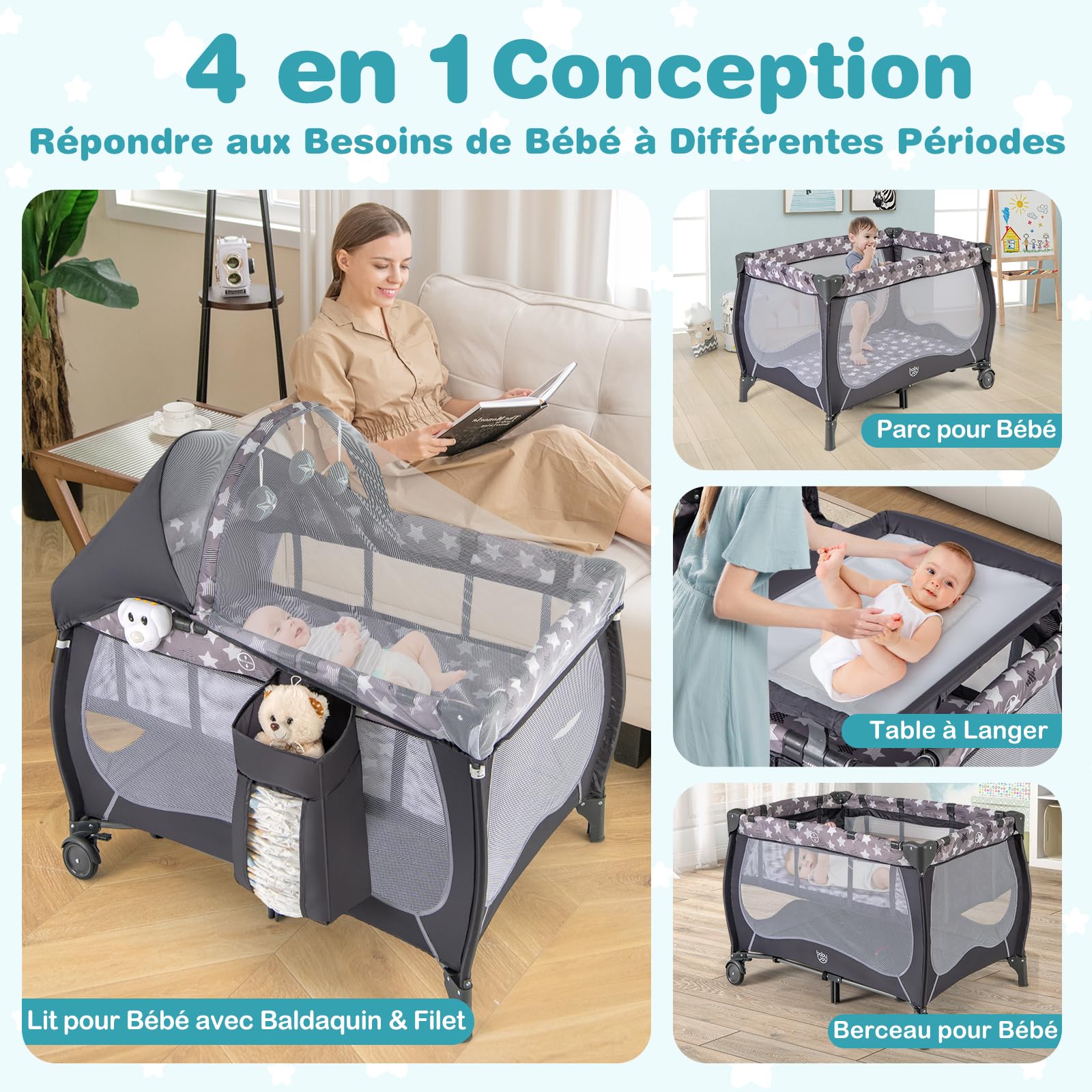 DREAMADE 4 en 1 Lit Parapluie Bébé 102x72x74CM avec Matelas&Moustiquaire Lit de Voyage Tout-Petites 0-3 Ans avec Porte-Couche,Roue Verrouillable,Table à Langer,Boîte à Musique,Charge 15KG (Étoilé)