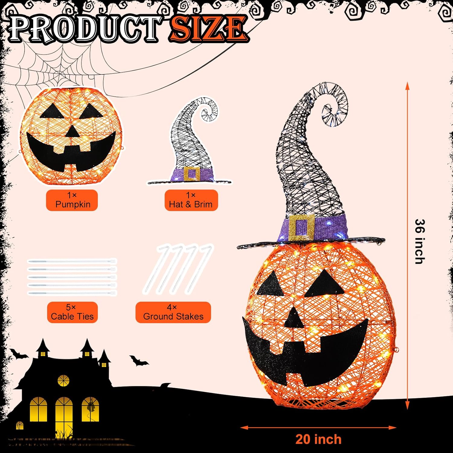 3FT Halloween Decorations Outdoor, 75 LED Pre-Lit Light Up Halloween Pumpkin Decorations PVC Rattan Pumpkin with Witch Hat Jack-O-Lantern Decor for Outdoor, Indoor, Garden, Yard, Porch, Home Party