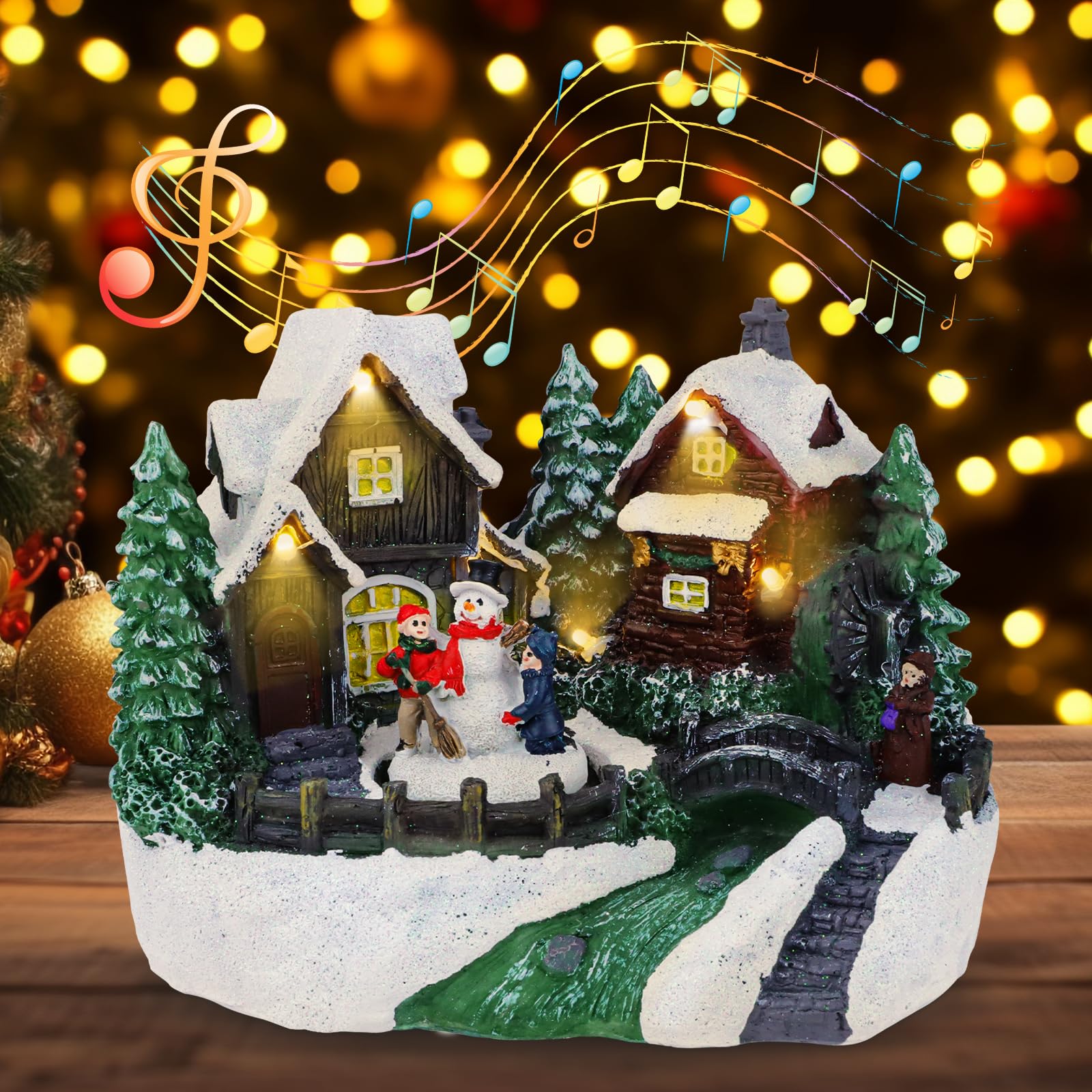 JUMRHFAN Christmas Village Scene Christmas House with Lights Moving Tree and Musical Xmas Houses Christmas Decoration Country Houses Snow Town Landscape Scene Adornments Christmas Party Supplies (B)
