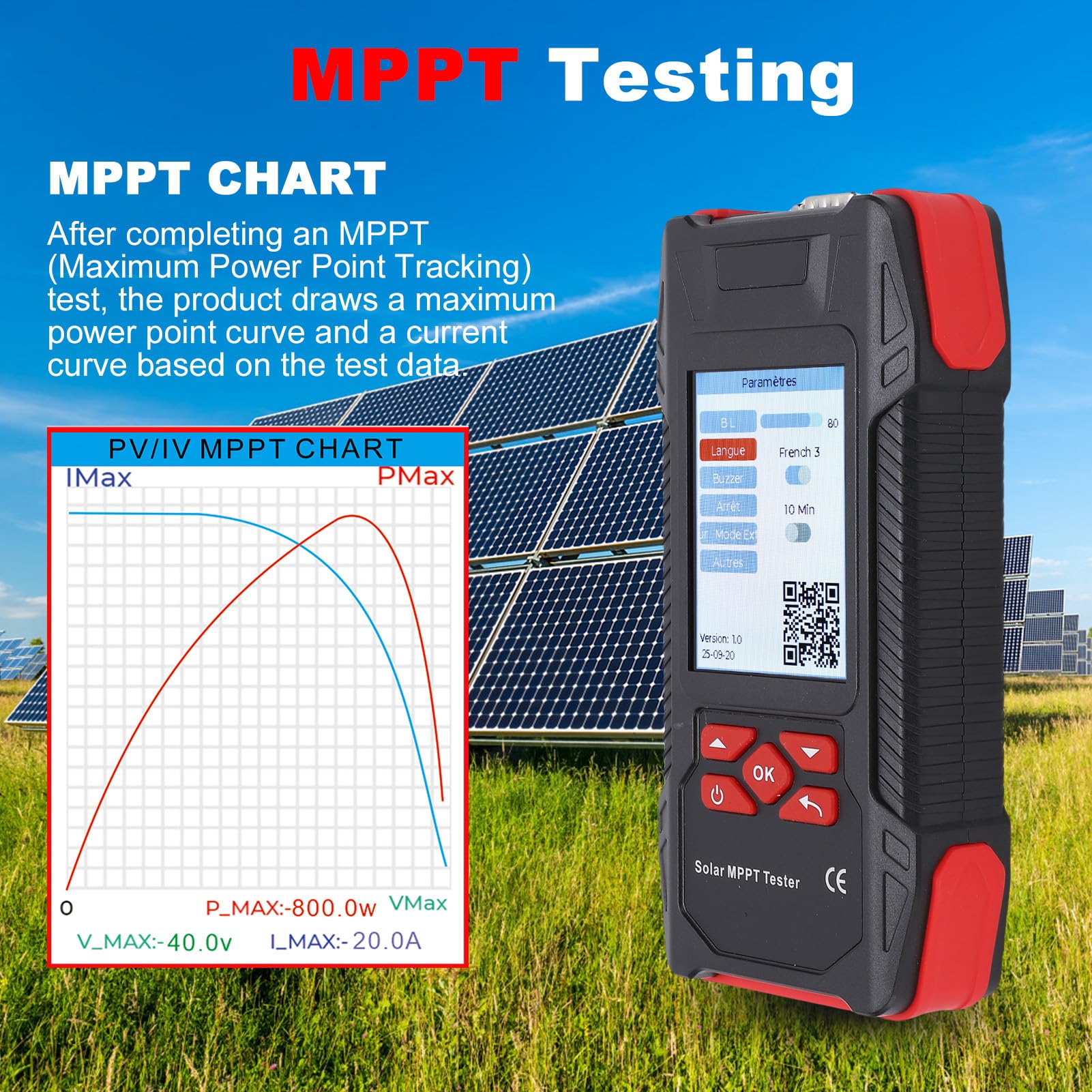 Weytoll Probador solar MPPT, pantalla de 3,2 pulgadas, voltaje 3-90 V, corriente 0-40 A, potencia 0-2000 W, analizador MPPT portátil con apagado automático para paneles solares