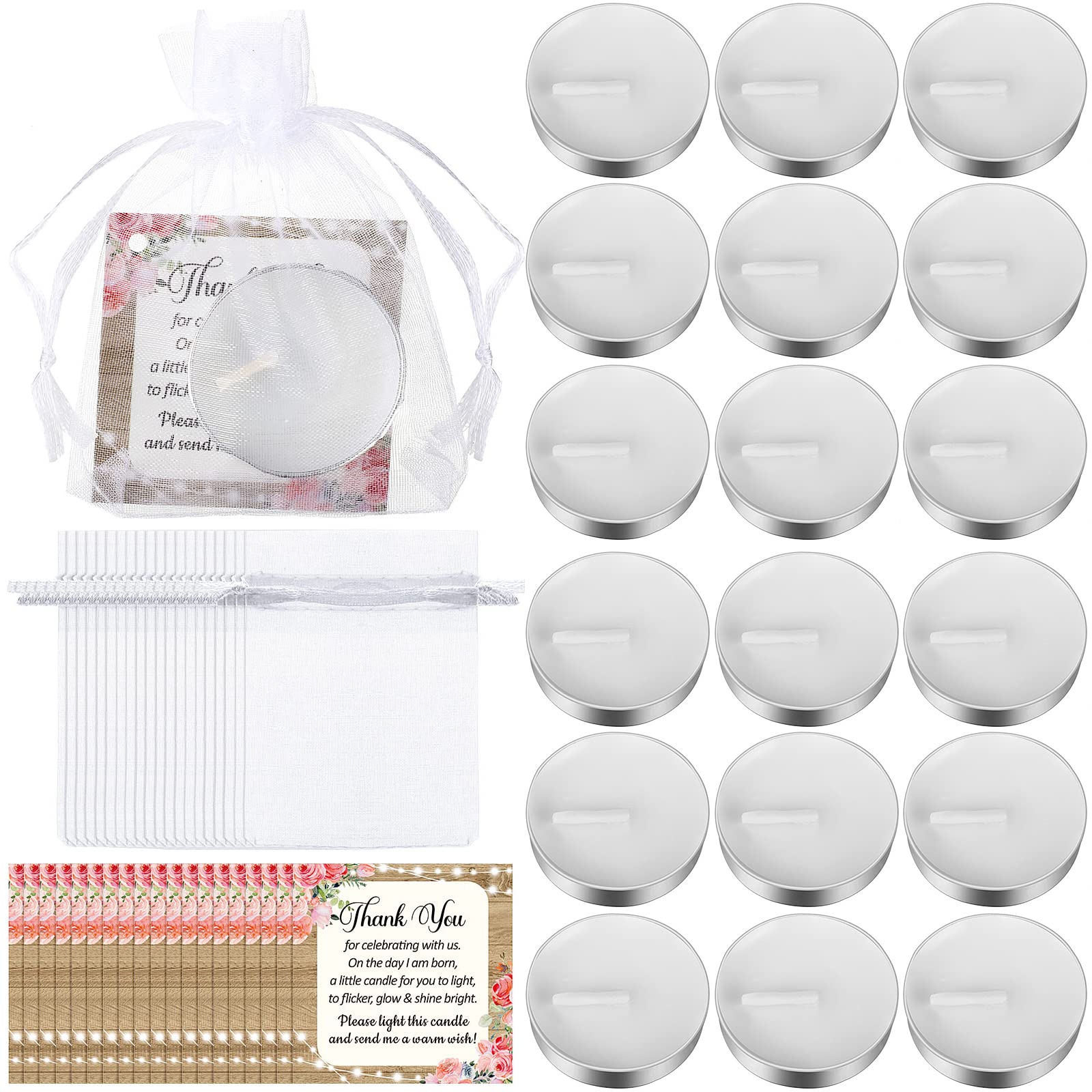 MTLEE 50 Sets Baby Shower Party Favors for Guests Including 50 Pcs Tea Light Candles with 50 Rustic Floral Thank You Tags 50 Organza Bags for Girl Gender Reveal Return Gifts Party Favors