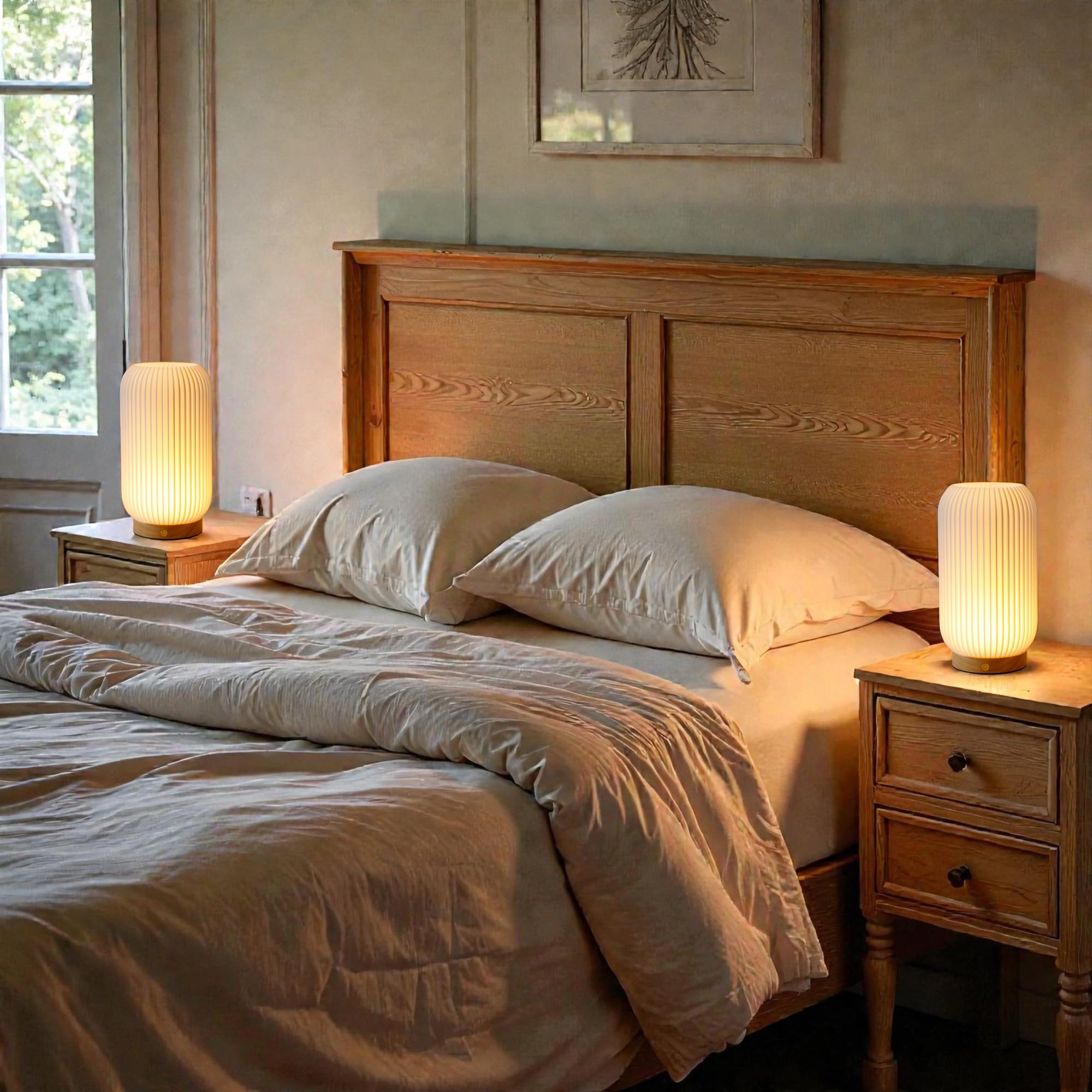 JHY DESIGN 23,5 cm wysokości 3-kolorowe źródło światła ściemniane dotykowe lampki nocne zestaw 2 ładowalnych lamp sterujących przyciskami, lampy nocne z nadrukiem 3D, z drewnianym dnem, do sypialni