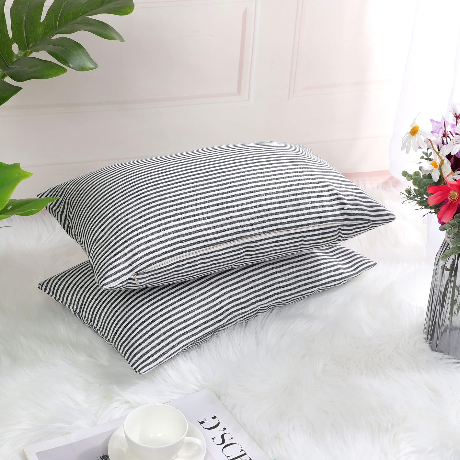 uxcell 2 Pcs Woven Striped Throw Pillow Covers, Black and White 12x20 image 3