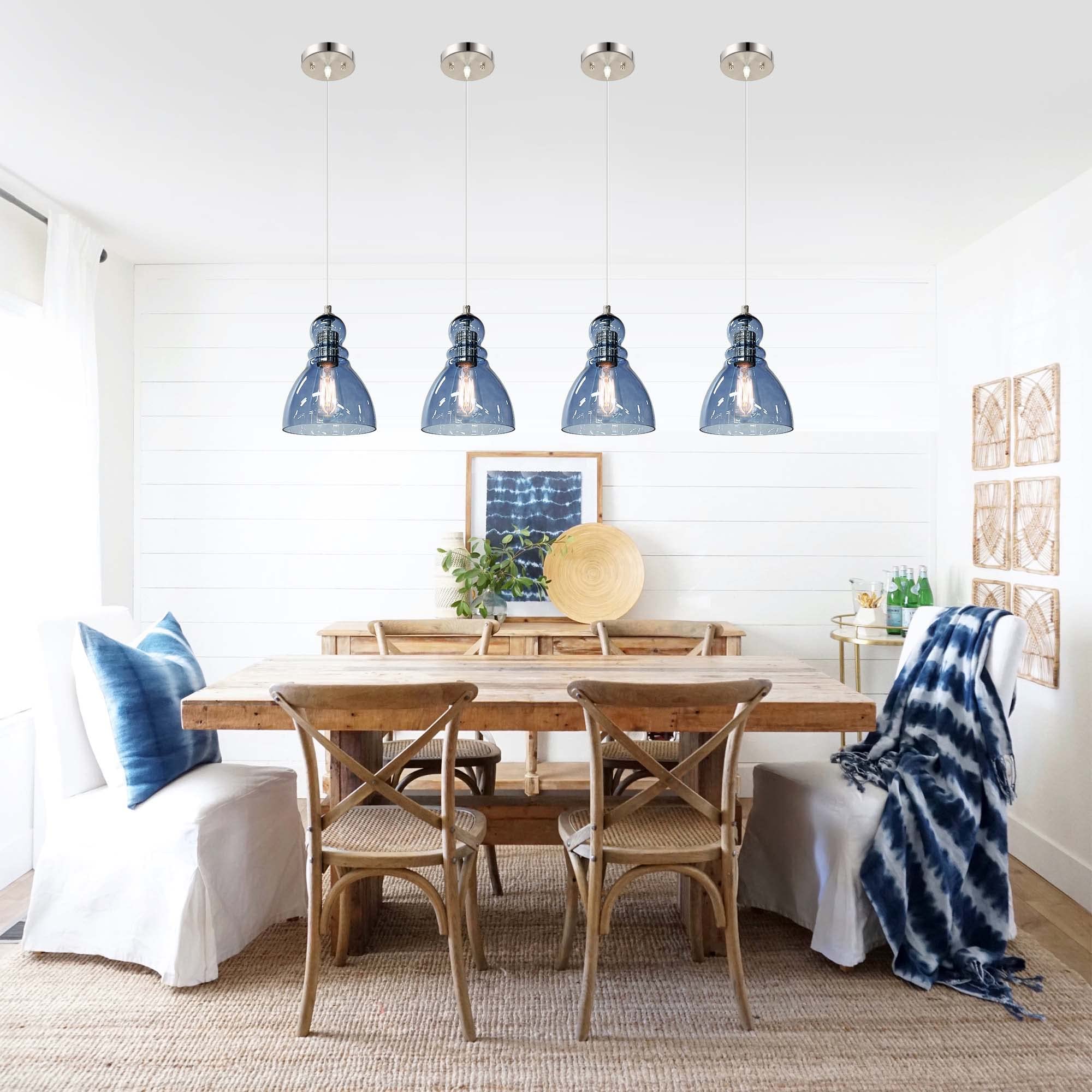 Vpazg Blue Pendant Lighting for Kitchen Island Sink, Adjustable Modern Farmhouse Hanging Ceiling Light Fixture with 6.5'' Handblown Clear Glass Shade for Dining Room Over Table, Bedroom, Bar