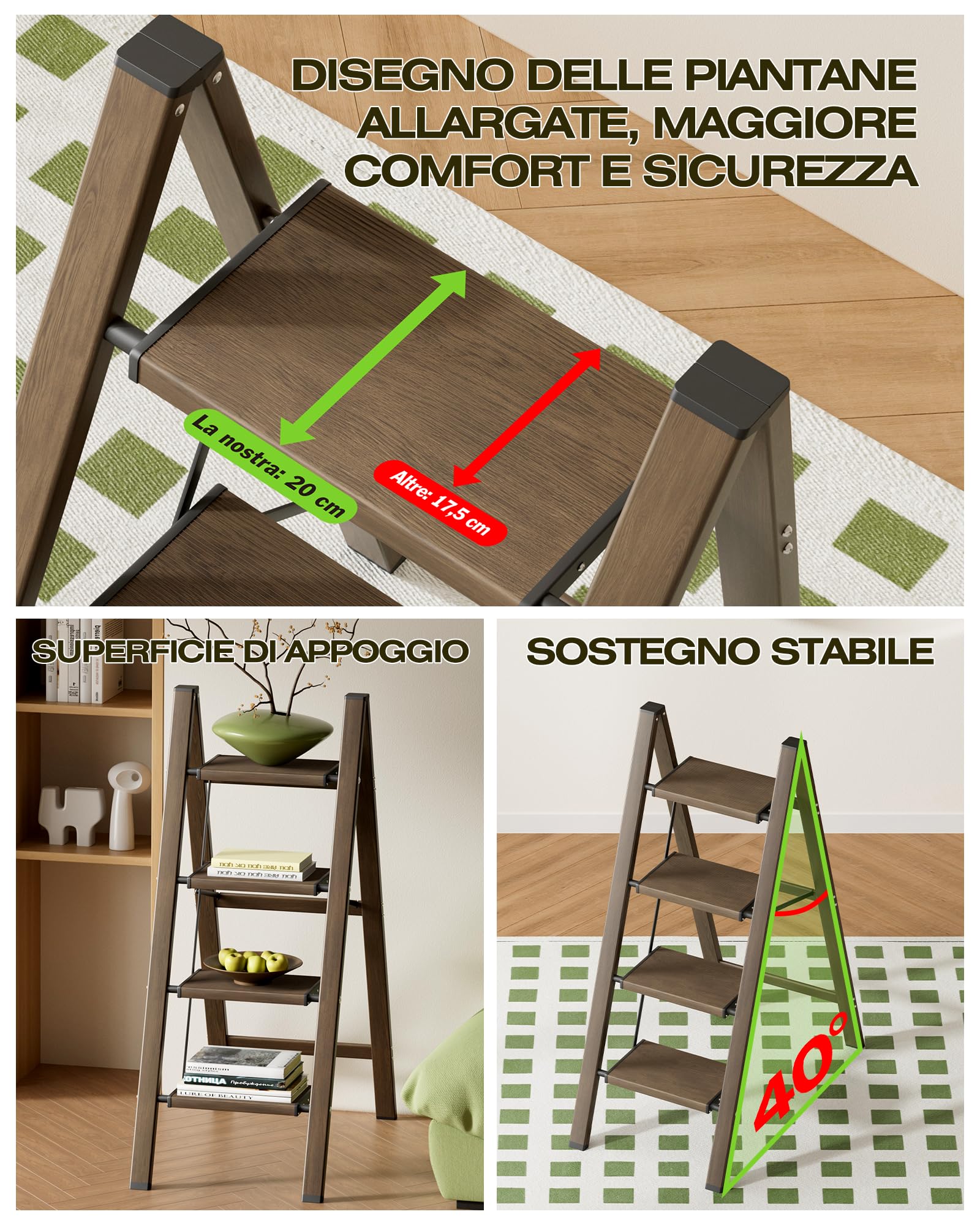Scaletta pieghevole a 4 livelli, capacità 150 kg, con pedale antiscivolo, sgabello portatile in alluminio, facile da riporre, per interni ed esterni, aspetto estetico, effetto noce