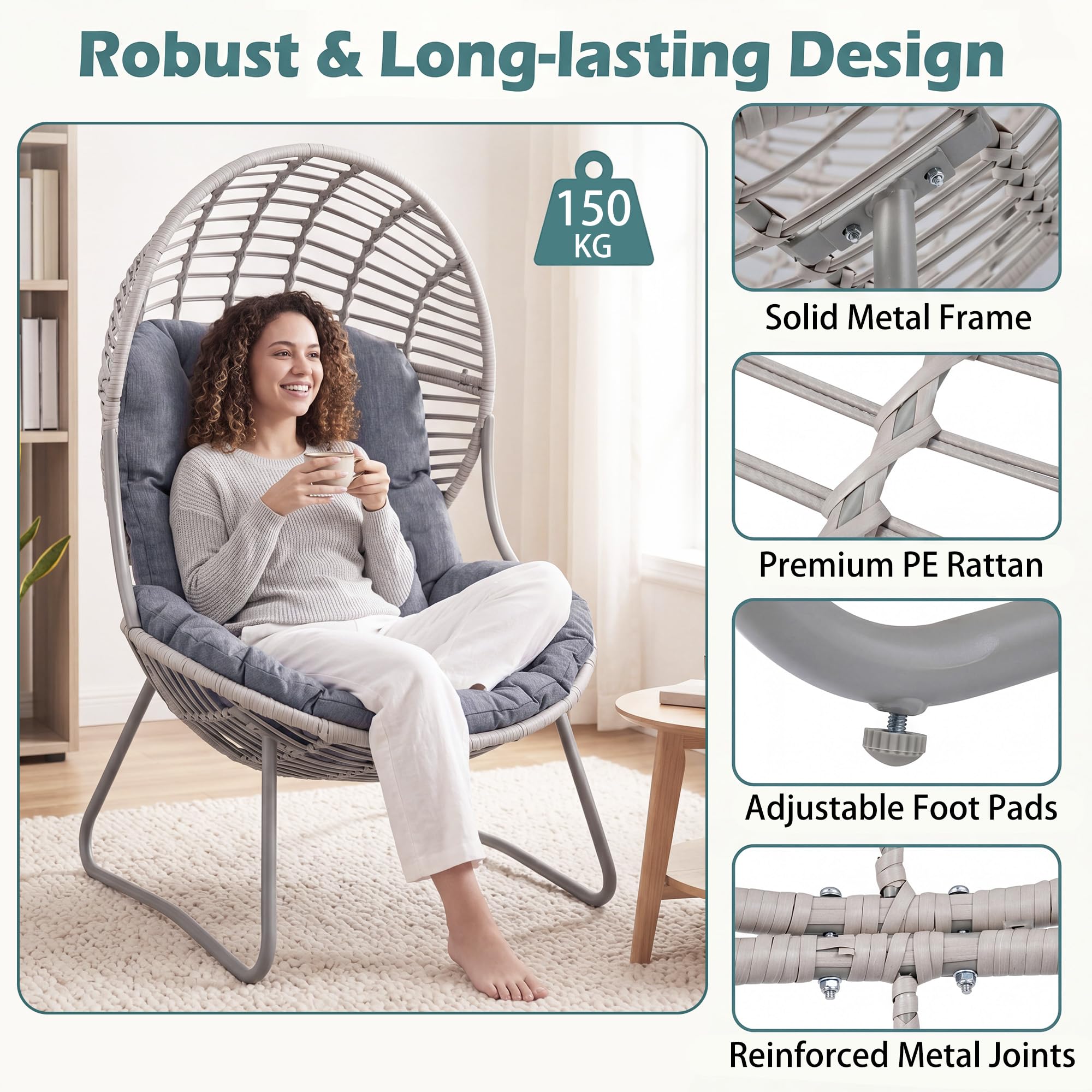 GIANTEX Poltrona da Giardino in PE Rattan, Sedia a Uovo Imbottita