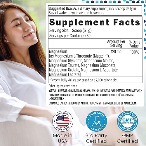 Miniatura 4 de Polvo complejo de magnesio  8 tipos de magnesio, L-treonato (magteína), glicinato, malato y más para la salud cerebral, relajación, máxima