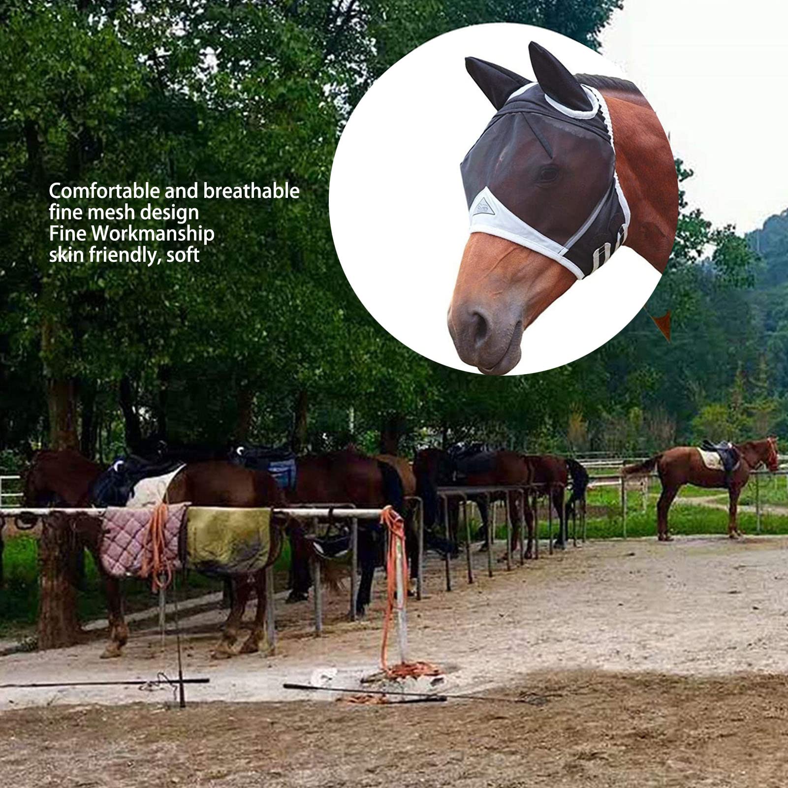 Qcwwy Masque Anti-Mouches pour Chevaux, Conception Confortable et Respirante pour Chevaux avec Une Excellente visibilité pour Prévenir Les Moustiques et Les Insectes (Black)