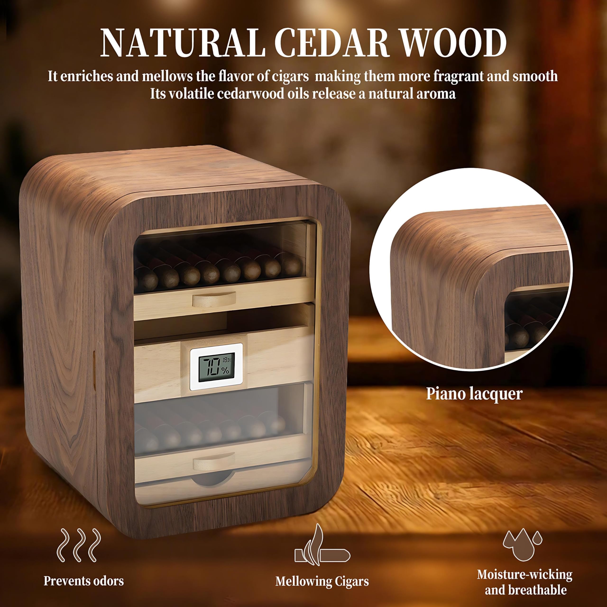 Humidor Na 110 Cygar, Szafka Na Cygara, Przechowywanie Cygar, Konstrukcja Z Czystego Drewna, Szyba O Wysokiej Przejrzystości, Warstwowa Konstrukcja, Do Użytku Domowego Noskylight-Walnutwood