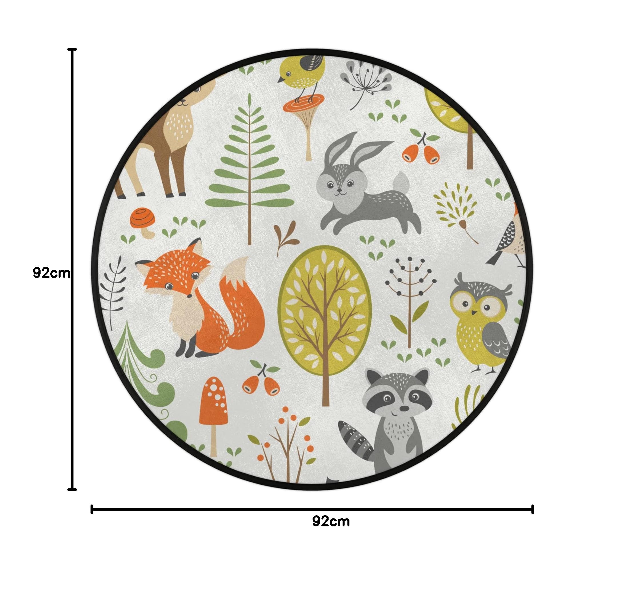 Tapis rond intéressant de 91,4 cm - Lavable en machine - Motif animal de la forêt - Antidérapant - Doux - Pour salon, canapé, chambre d'enfant