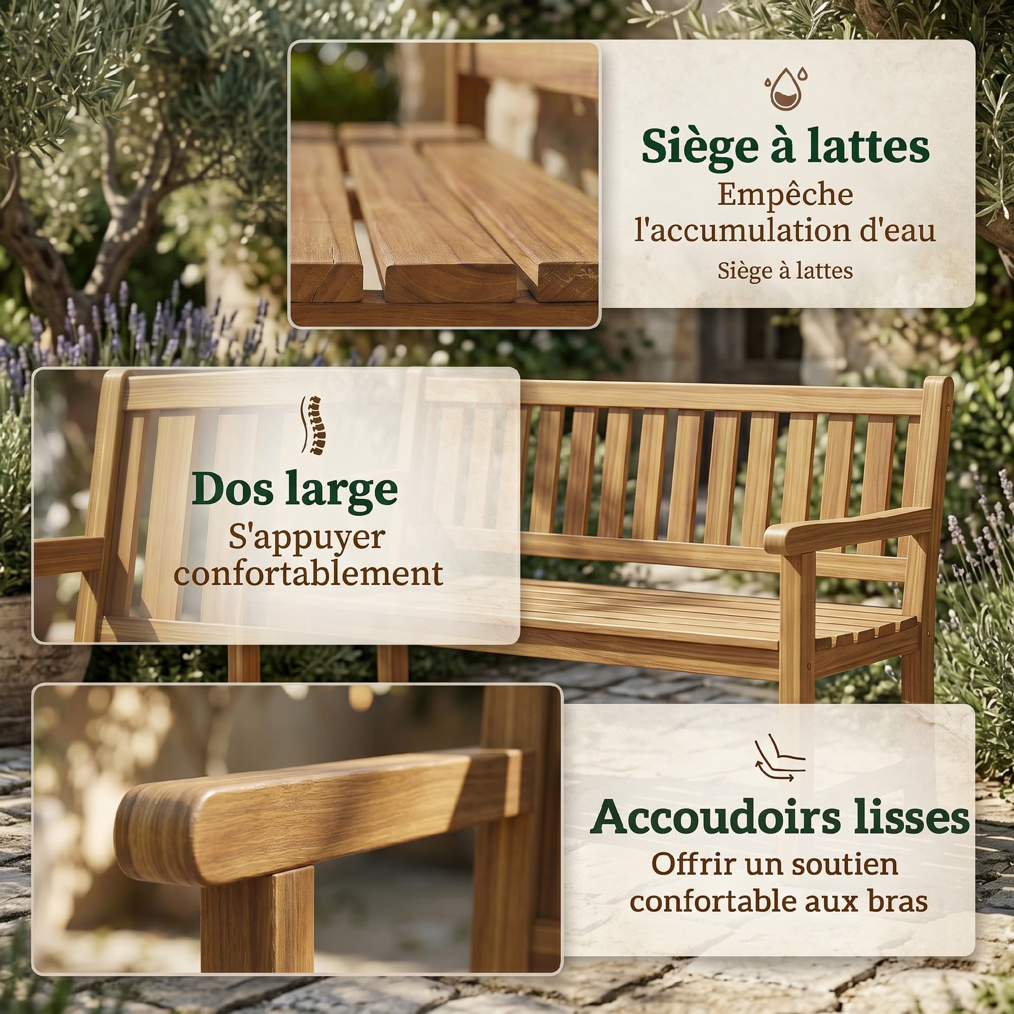 Outsunny Banc de Jardin 3 Places en Bois Solide Banquette d'Extérieur DIY avec Capacité de 360 kg Banc de Terrasse Prêt à Peindre pour Balcon, Porche Teck