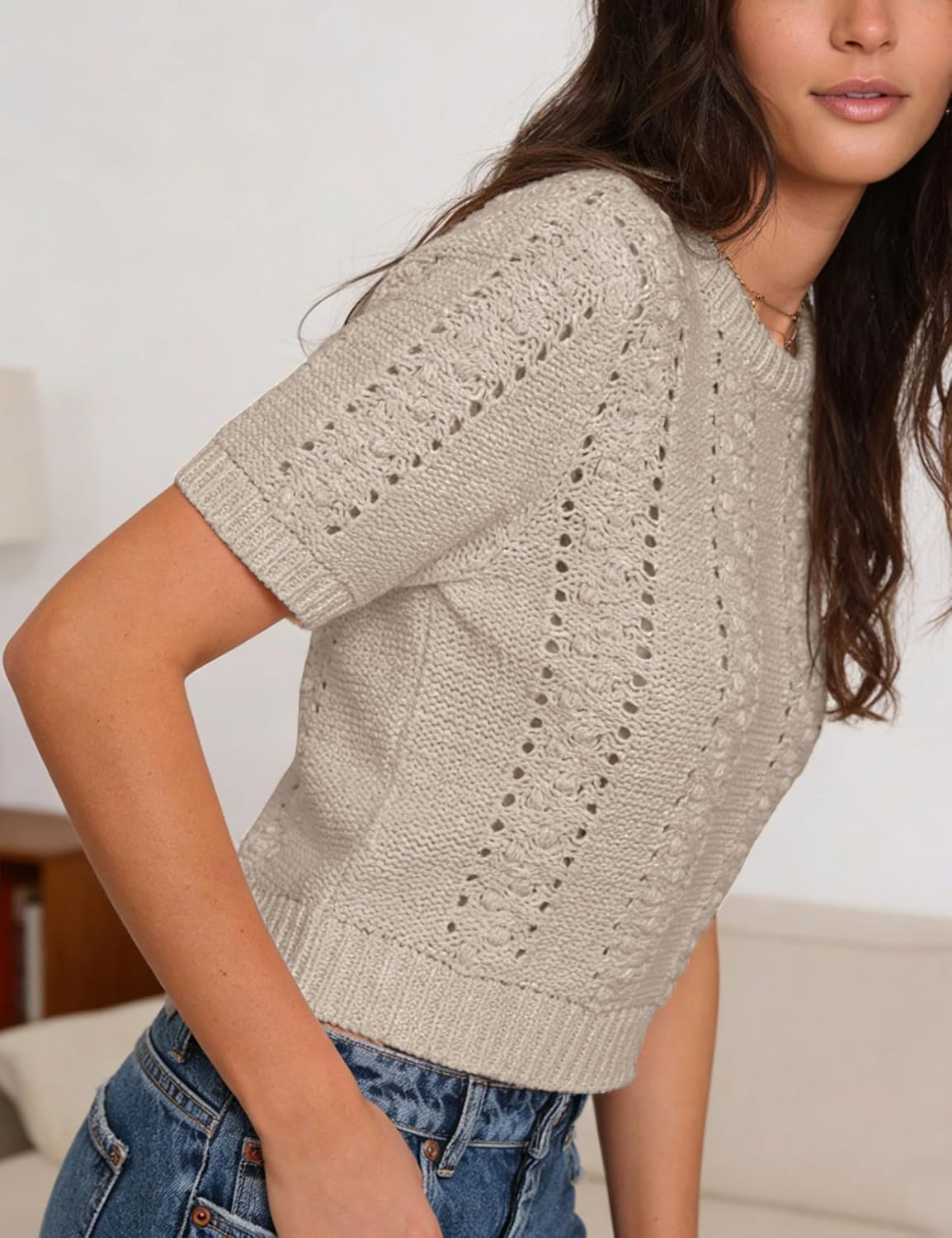 Springrain Womens Short Sleeve Sweaters Crewneck Knit Crochet Top Cropped Hollow Out Tops Pullover Shirt - Image 6