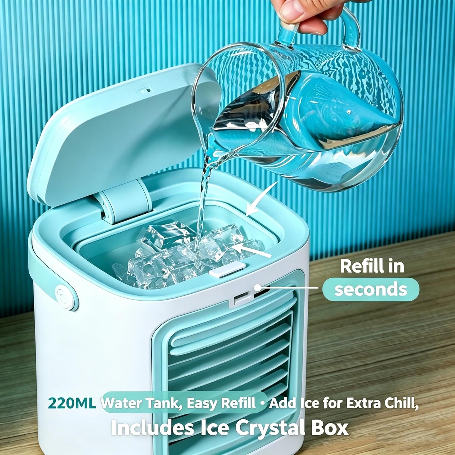 Mini Air Conditioner, Portable Evaporative Cooler with Touch Control & Ambient Light, 3-Speed Fan & Humidifier with 2 Ice Boxes for Desk, Camping, Outdoor (White & Sky Blue)
