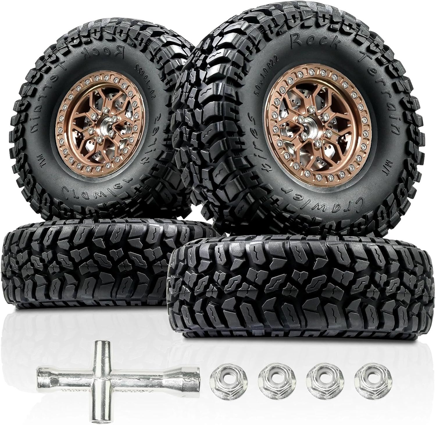 2.2" Beadlock Wheel Tire Set with Brake Discs for 1/10 RC Crawler - 5.0x1.9" Soft Rubber Tire, Aluminum Wheel, 12mm Hex, 6.7mm Bore, 9.5mm Offset - Fit for SCX10 SCX10 II III TRX4 TRX6 Gen8 VS4-10