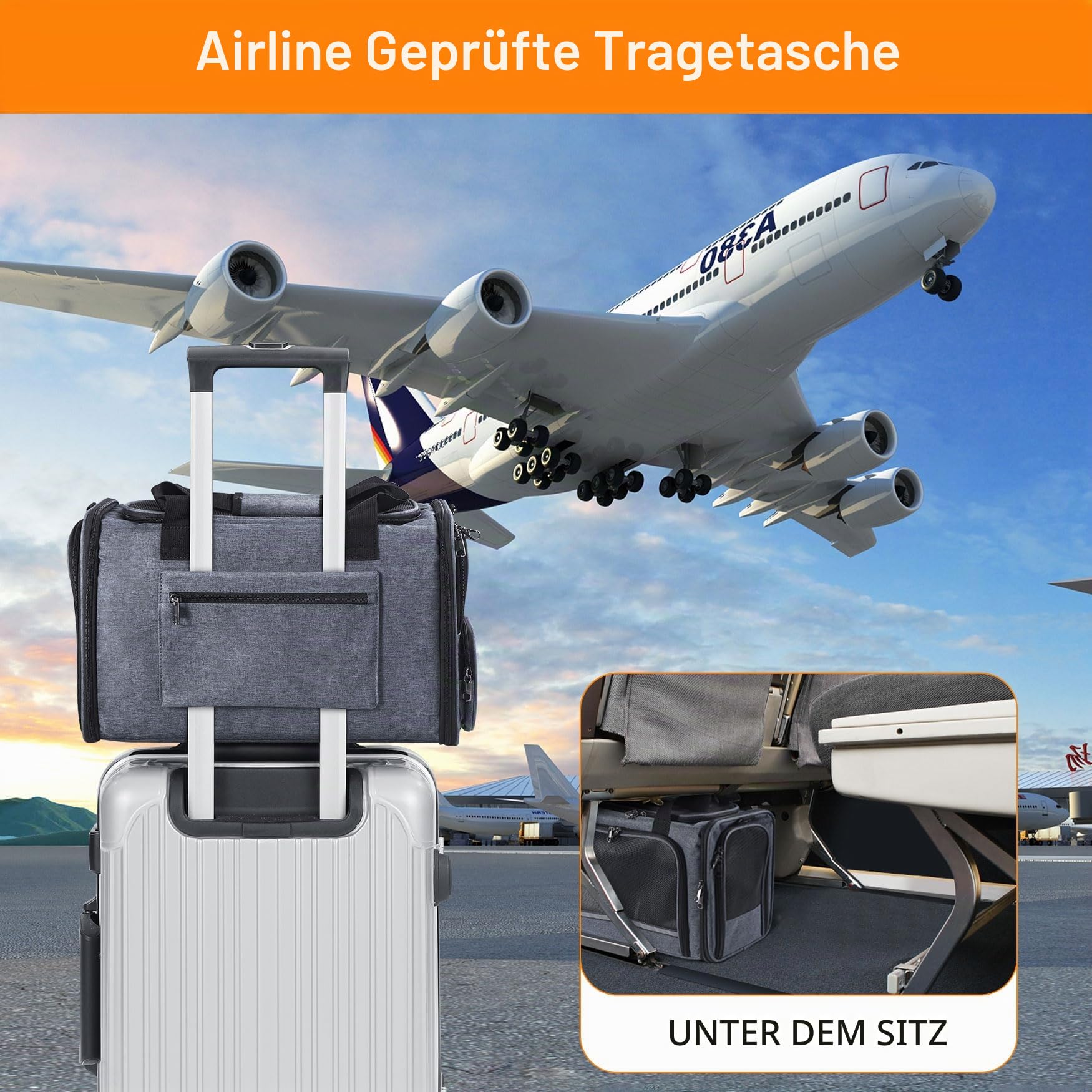 Katzentragetasche für Haustiere, von Flugzeug zugelassen, unter dem Sitz, TSA-Fluggesellschaften zugelassen, weiche Tragetasche für Katzen, Hunde, 44,5 x 21,6 x 27,9 cm, Grau