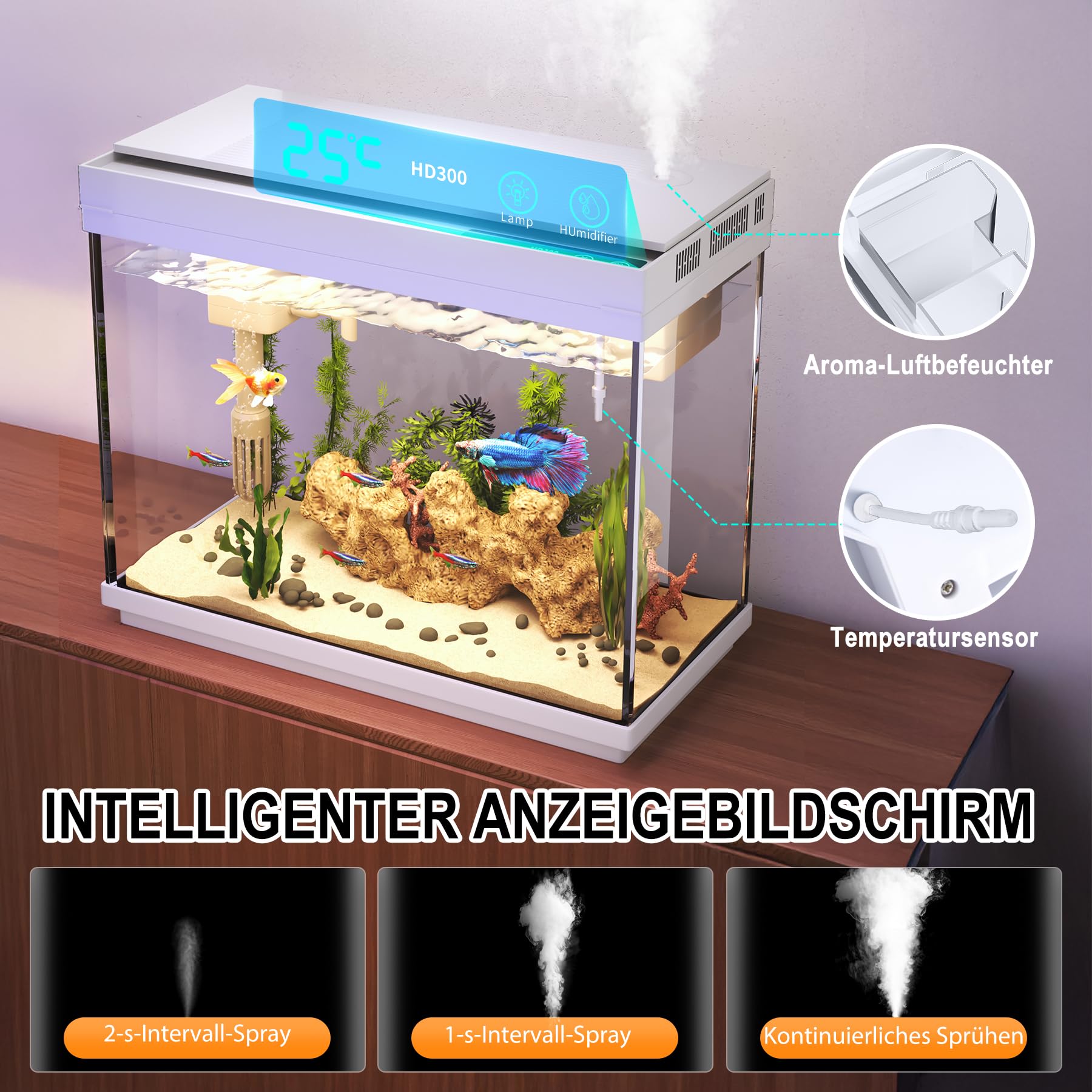 Vehipa 9L Aquarium Komplettset, Mini Nano Aquarium Büro-Desktop-Dekoration | mit Filter, Heizer, 7-farbige Beleuchtung, intelligentem Luftbefeuchter