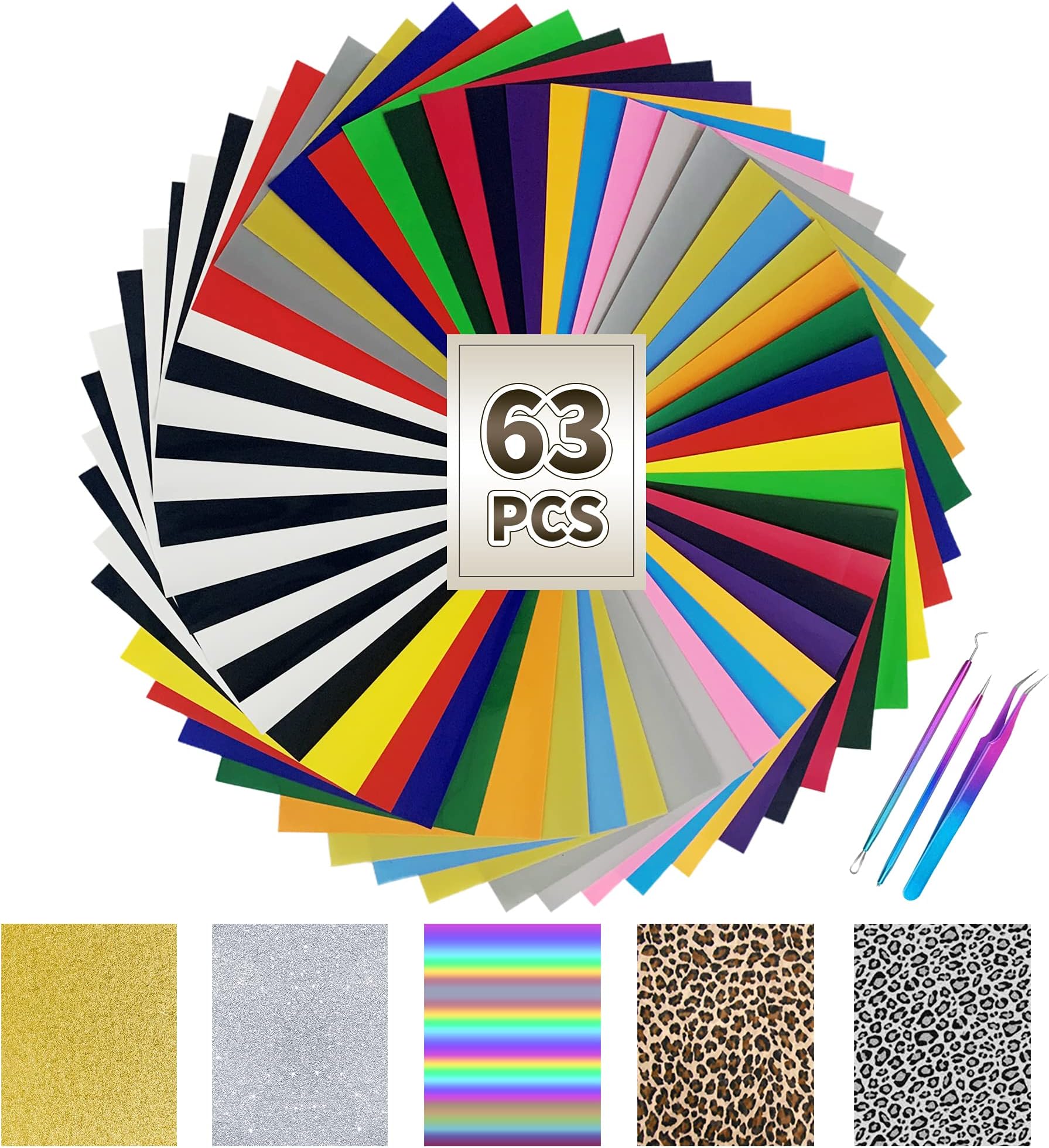 WLEAFJ HTV Heat Transfer Vinyl Bundle 12"x10" - 63 Pack Iron on Vinyl Sheets with 3 Pcs Weeding Tools Set and 2 Teflon Sheet for Cricut, Silhouette Cameo or Heat Press Design T-Shirts