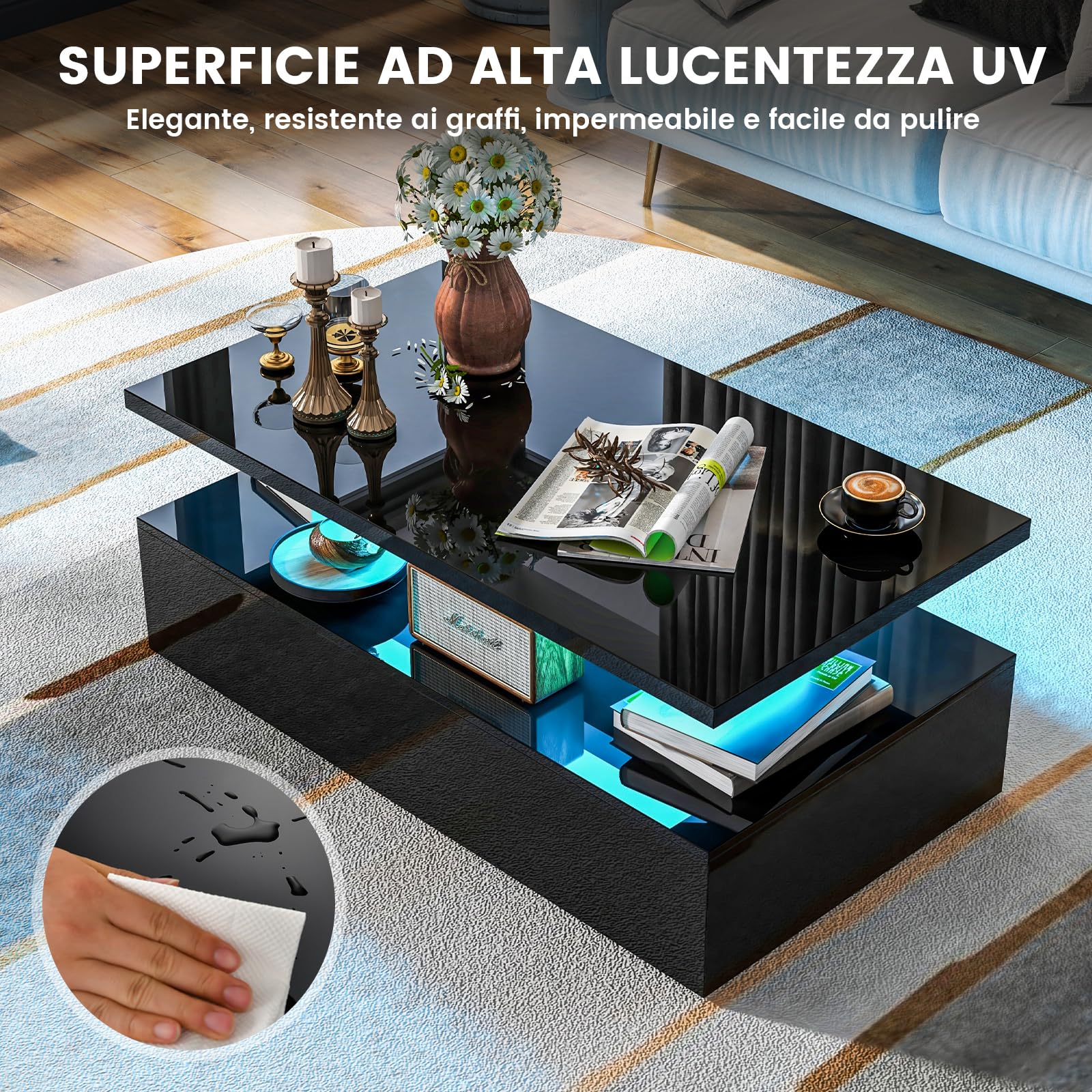 COSTWAY Tavolino da Caffè a LED a 2 Livelli con Colori della Luce Regolabili Velocità e Luminosità e Telecomando, Tavolo da Salotto Rettangolare e Moderno per Soggiorno e Ufficio (Nero)