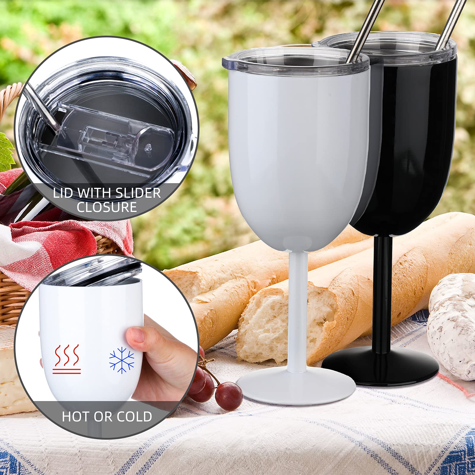Geiserailie Weingläser aus Edelstahl mit Deckel, doppelwandig, isoliert, Weinglas mit Strohhalm, mit Strohhalmbürste, für Geburtstagspartys, Geschenke, 3 Stück, Schwarz und Weiß, 3 Stück