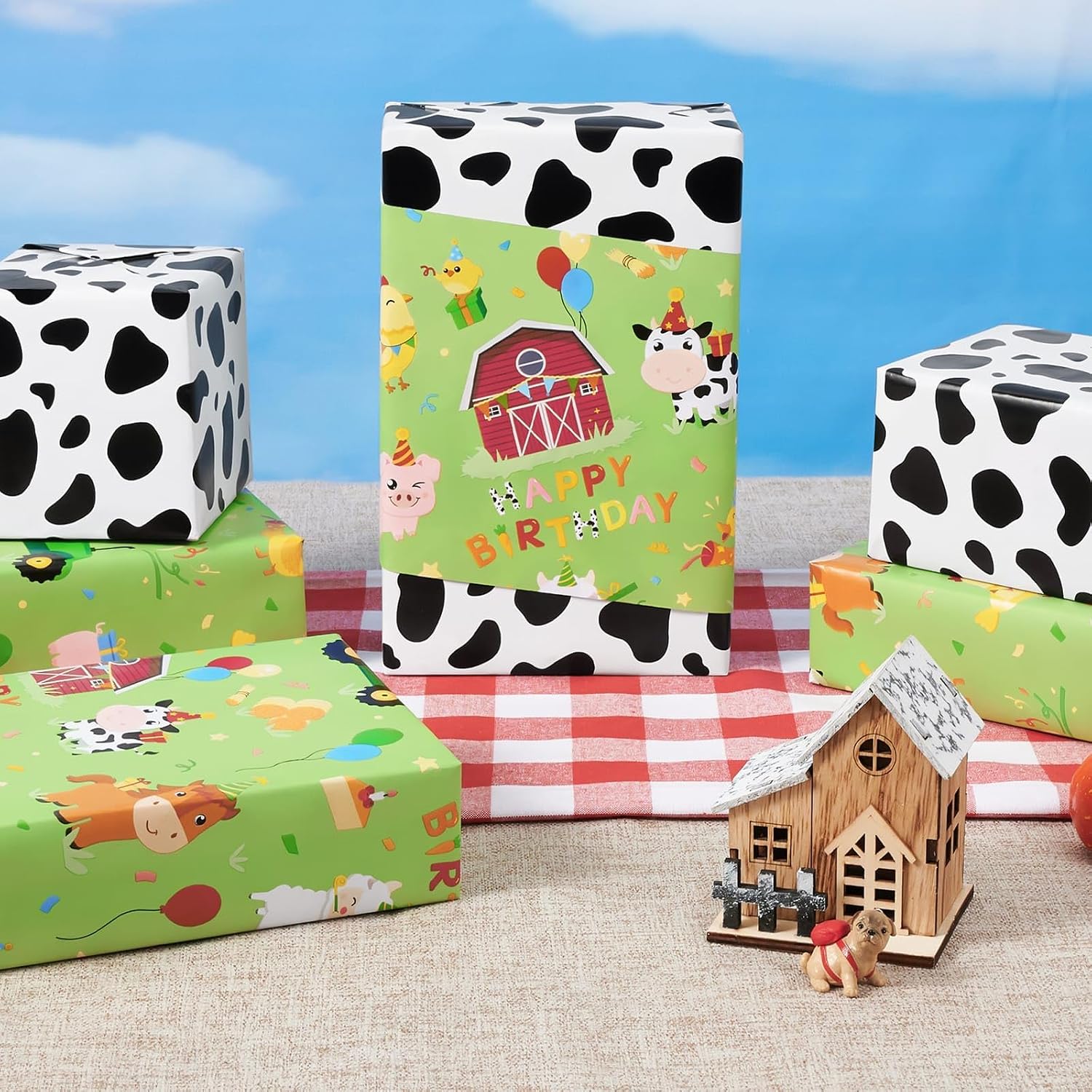 WERNNSAI Farm Animal Wrapping Paper - 1 Roll 17” x 16.4 ft Green Farm Gift Wrapping Paper for Kids Birthday Baby Shower Animal Gift Packing Decoration Supply Reversible Cow Prints Design