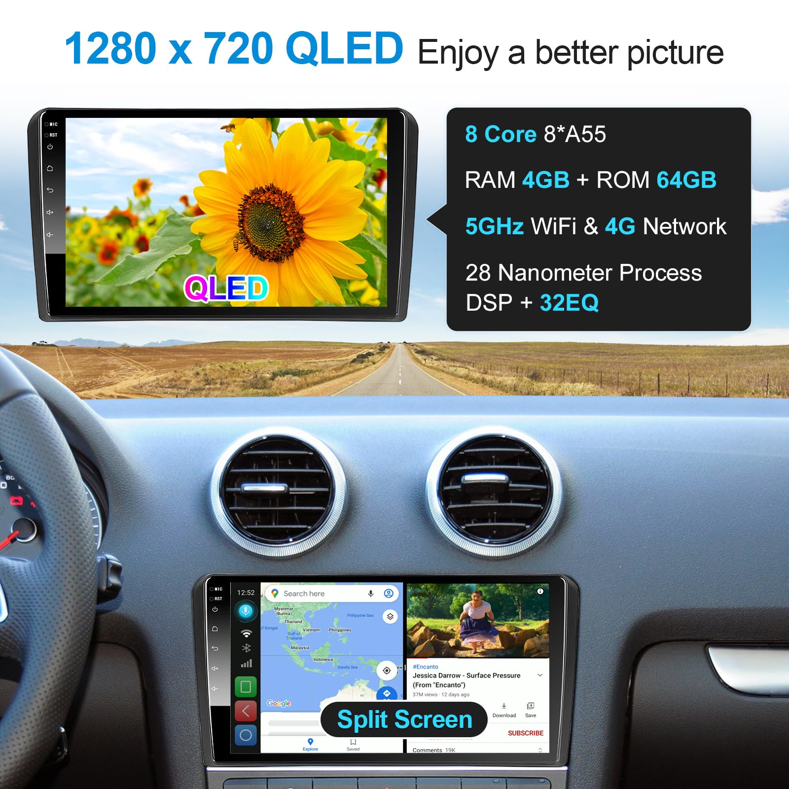 Android Autoradio mit Navi Bildschirm Carplay Android Auto für Audi A3 S3 RS3 2003-2012,9 Zoll 4GB+64GB Android 1 Din Radio Auto Radio Touch Display mit Bluetooth RDS FM GPS WiFi