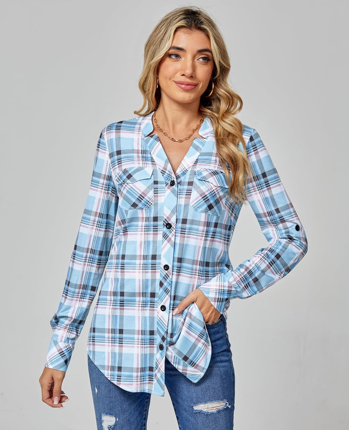 DJT Womens Soft Stretchy Knit Plaid Button Down Shirts Cut Triangle V Neck Roll Up Long Sleeve Tops Blouses - Image 2