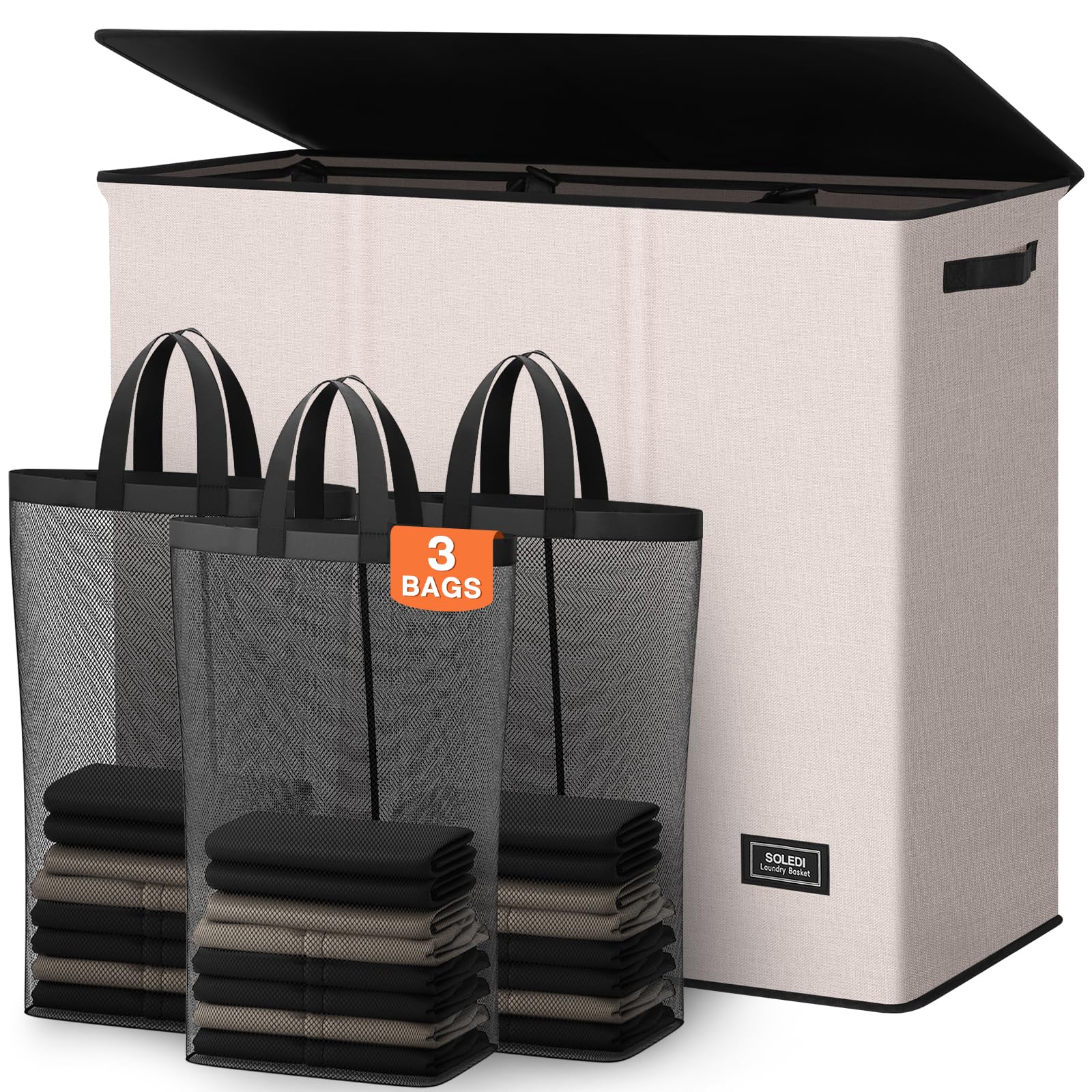 SOLEDI 180L 3-Section Laundry Hamper with Lid, Extra Large Dirty Clothes Basket with Sturdy Handles for Laundry Room & Bedroom - Durable Organizer for Sorting Laundry