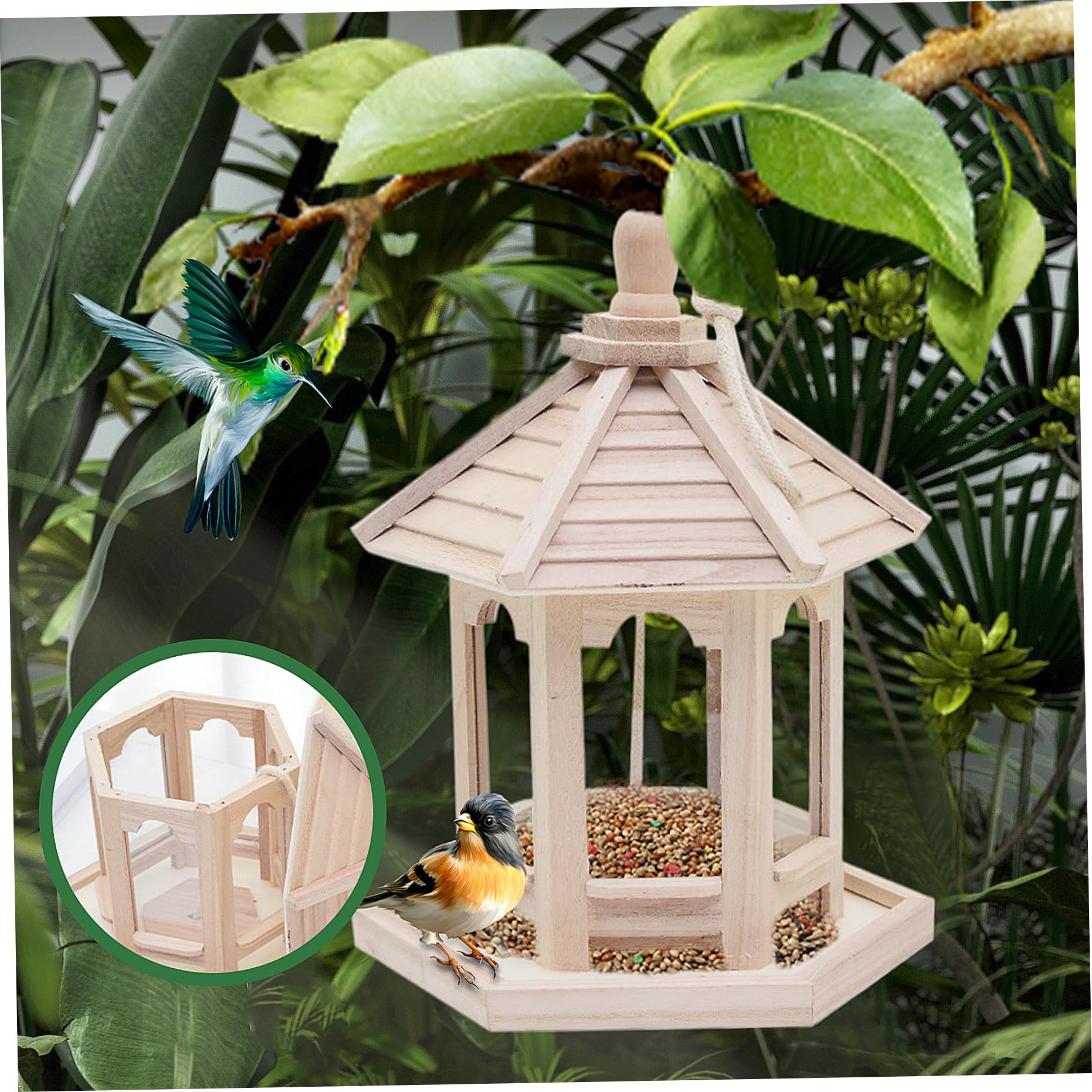 Comedero para pájaros de madera, mesa para pájaros colgante impermeable con techo extraíble, comedero para casa de jardín natural, mesa decorativa de madera para amantes y decoraciones de jardín