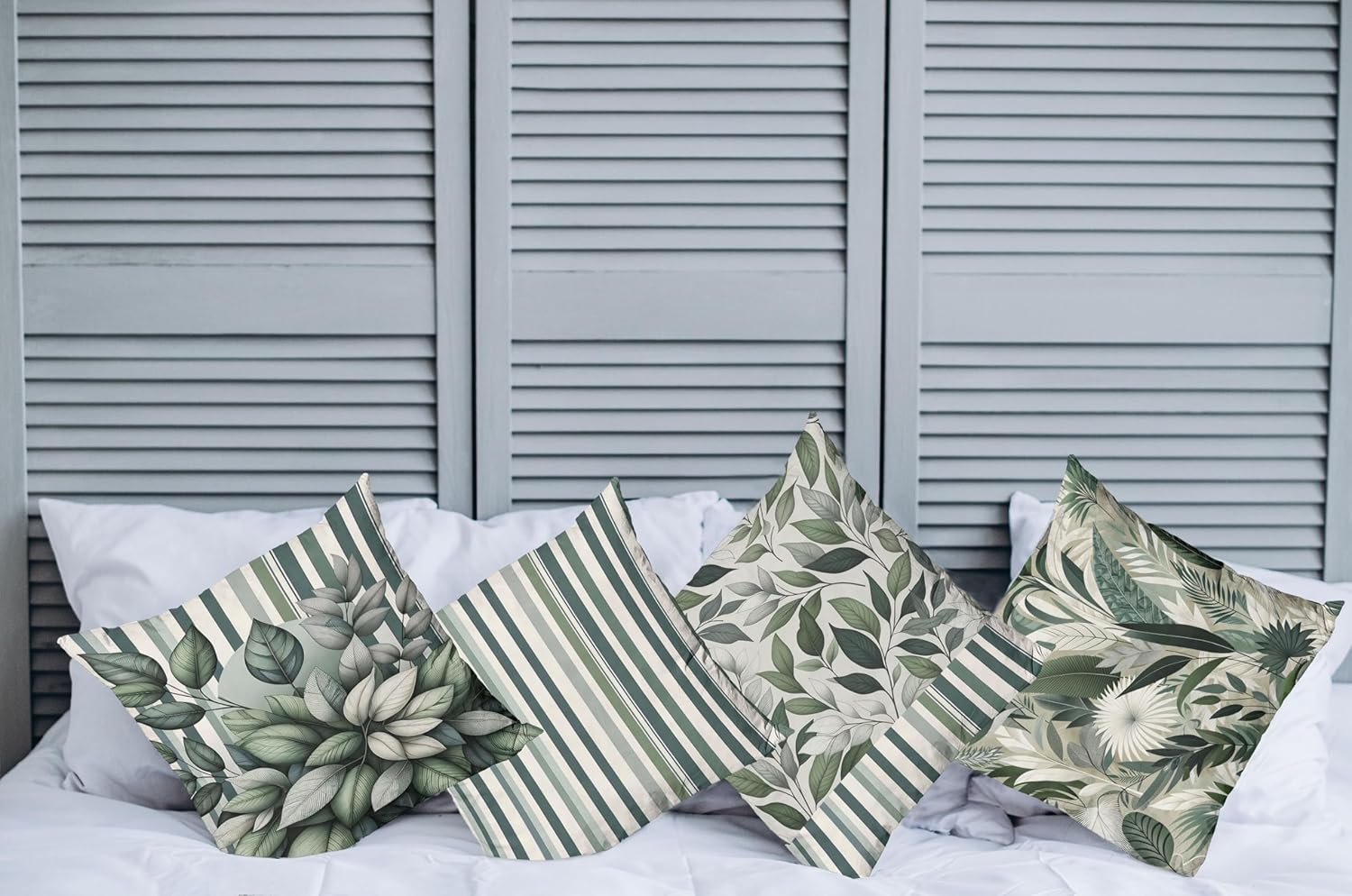 Ambesonne Leaves Throw Pillow Cushion Cover Set of 4, Modern and Soft Leaf Pattern with Simplistic Stripes Botanical Style Art, Decorative Accent Double-Sided Printing, 24", Laurel Green and Ivory