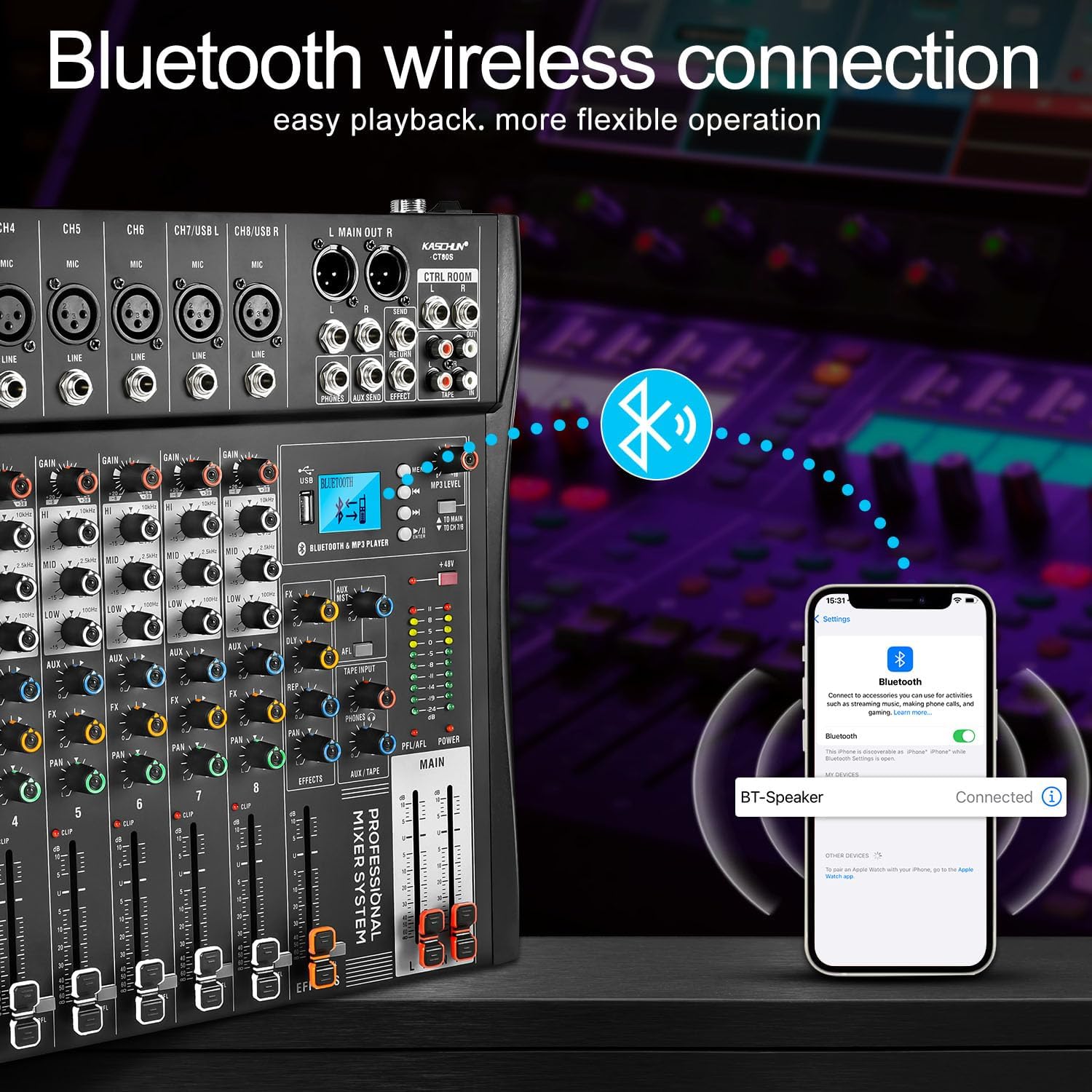 8 Channel Audio Mixer with Bluetooth, Professional DJ Mixer Board with 48V Phantom Power, USB Audio Interface & MP3 Player, Sound Mixing Console for Podcast, Home Studio, Live Streaming & Recording