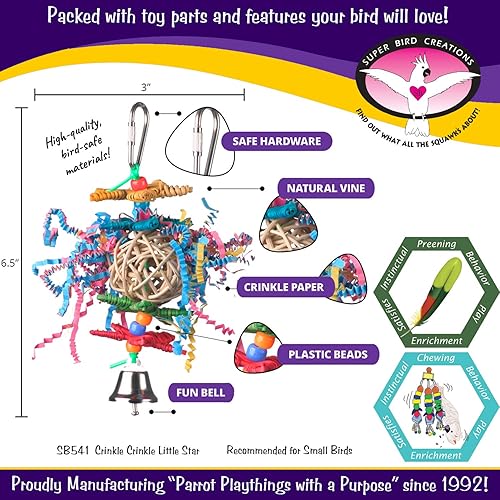 Miniatura 2 de Super Bird Creations SB541 - Juguete de pájaro arrugado y arrugado – Tamaño de pájaro pequeño, loros, cacatúas, tortolitos – Juguete de forraje y