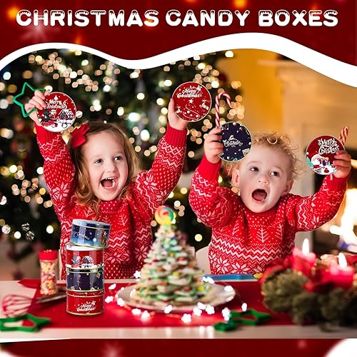 Miniatura 5 de Ziliny 12 cajas de regalo de lata de Navidad, latas de galletas de Navidad, cajas de metal con tapas para recuerdos de fiesta, velas de bricolaje,
