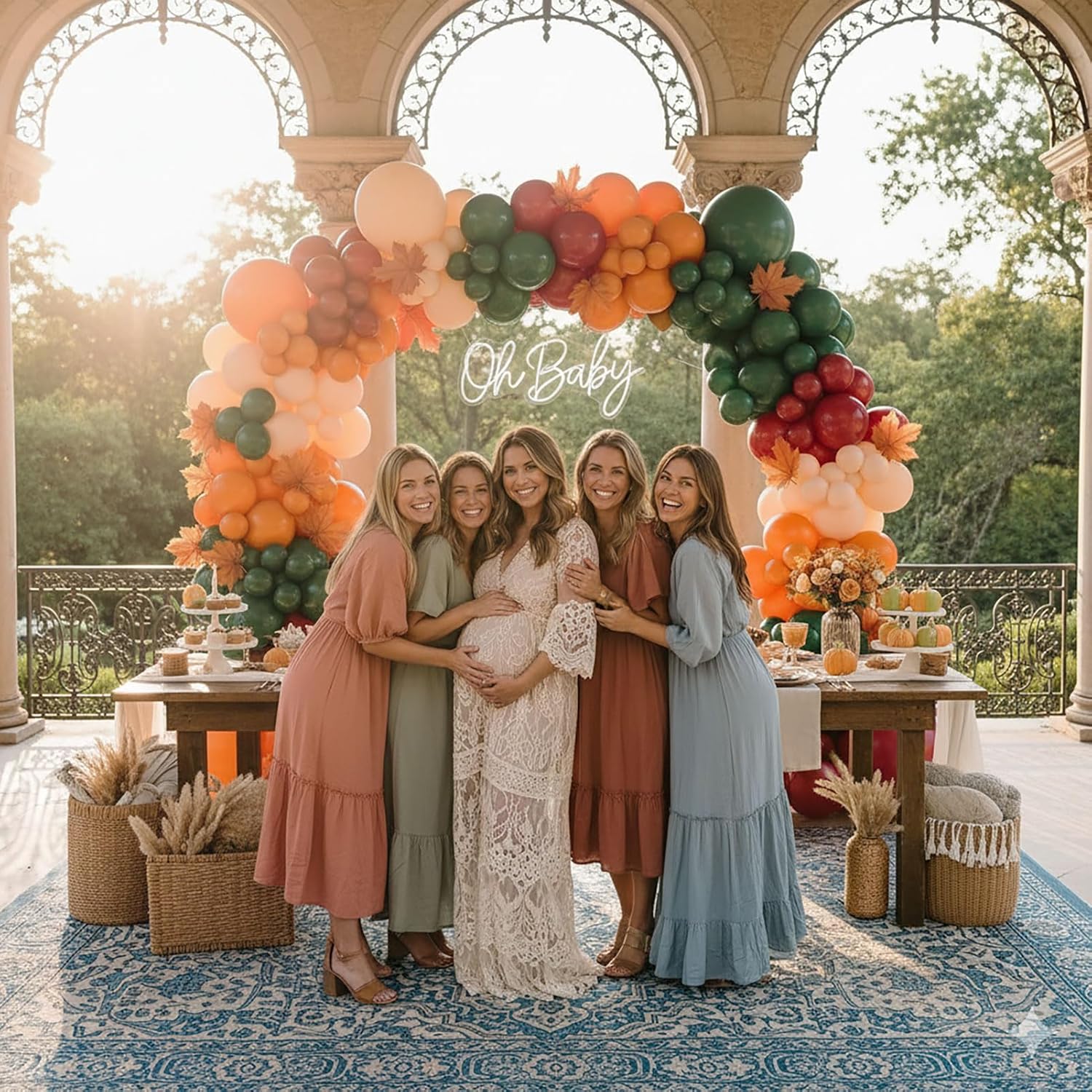 Fall color Balloon Garland Arch Kit hunter green maroon Sand White Orange Balloons with artificial maple leaf and backdrop for Thanksgiving Harvest Birthday Little Pumpkin ecorations
