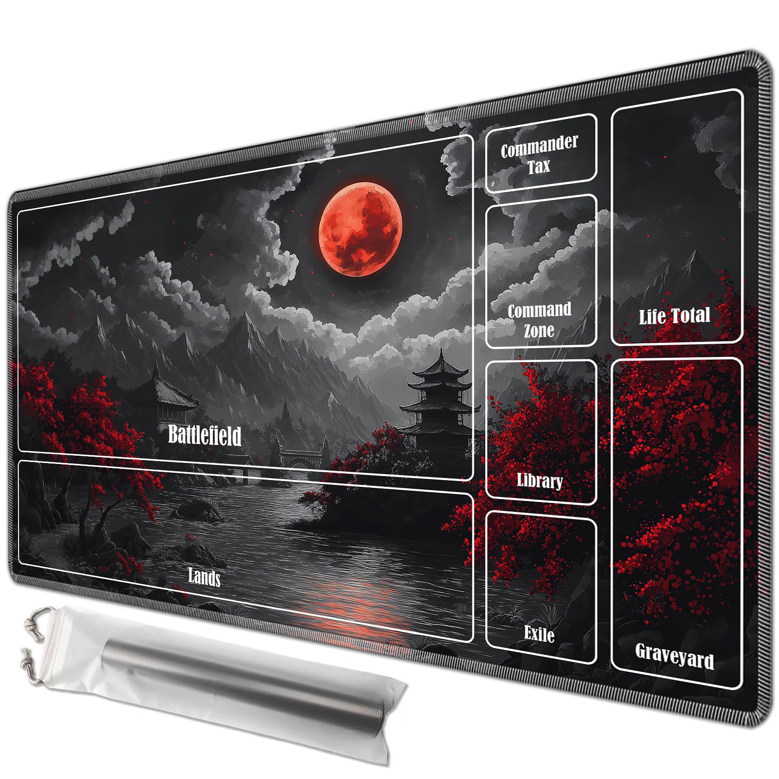 JANENFNA Playmat 24" x 14" with Magic Zones for MTG Card Game Playing, Board Game Mat for Card Breaking Commander Deck Gaming Card Game Battles Mat with Storage Bags, Japanese Blood Moon Landscape โ image 1