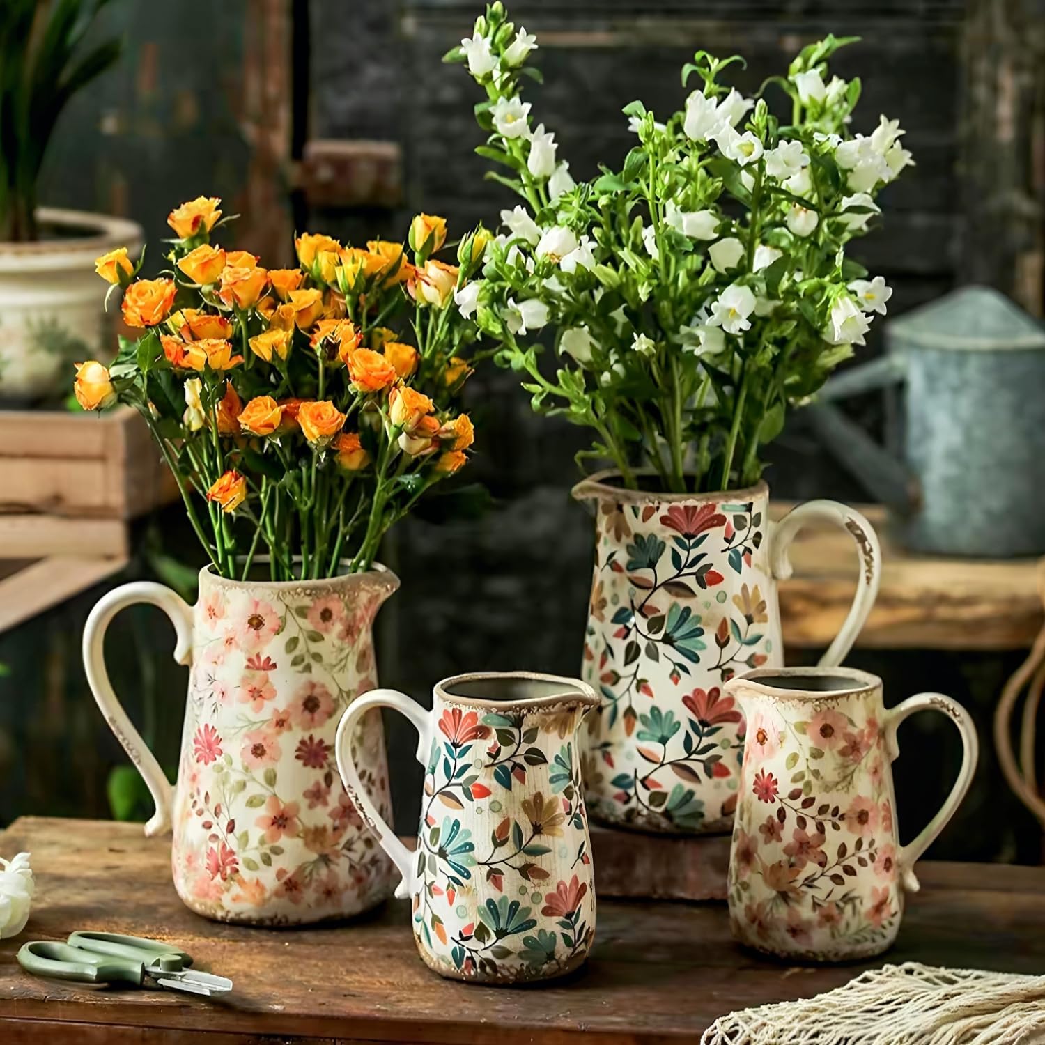 Vintage Colorful Daisy Flora Ceramic Vase with Handle, Retro Ice Glazed Crack Farmhouse Pitcher Vase for Home Decor, Living Room, Shelf, Office, Rustic Table Centerpiece 7 Inch - Image 7