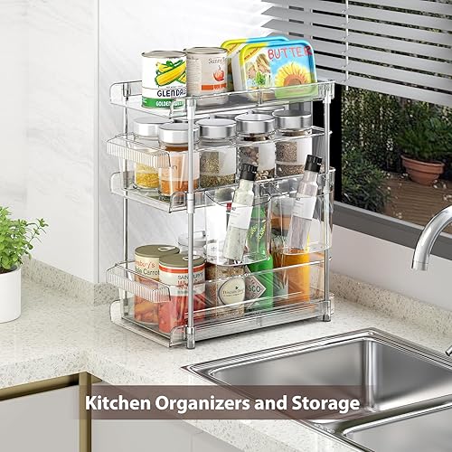 Miniatura 4 de Organizadores de baño transparentes de 3 niveles, organizador extraíble y almacenamiento con 2 tazas, contenedor de almacenamiento deslizante con 6