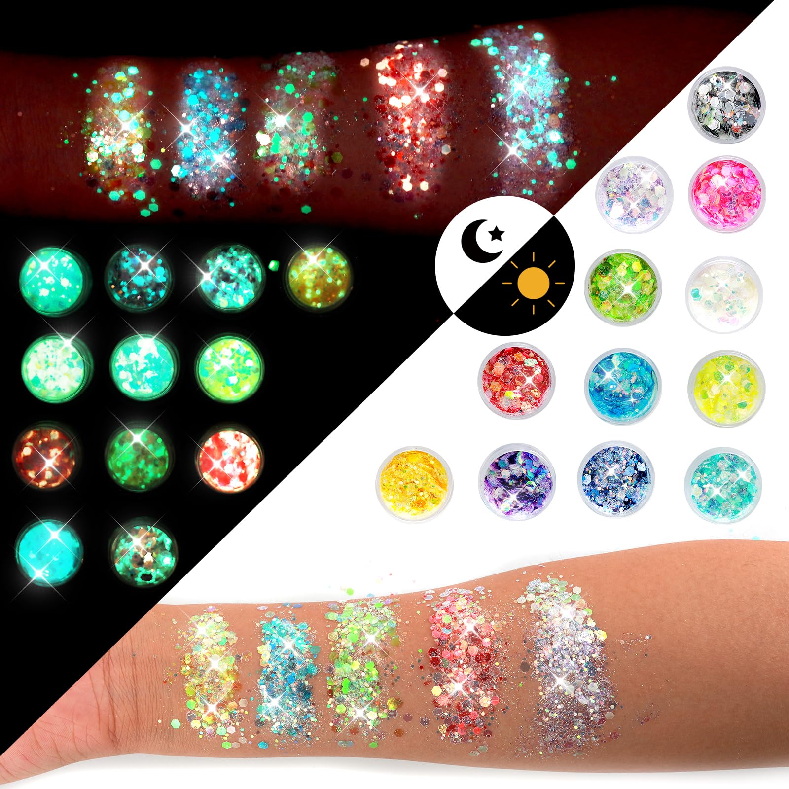simarro Fluorescencyjne cekiny brokatowe, 12 kolorów, hex Face Body Glitter zestaw do paznokci, włosów, ciała, brokatu, na Halloween, do makijażu, oczu, ust, ciała, rękodzieła, 554117_1_MXD1TRBYQ