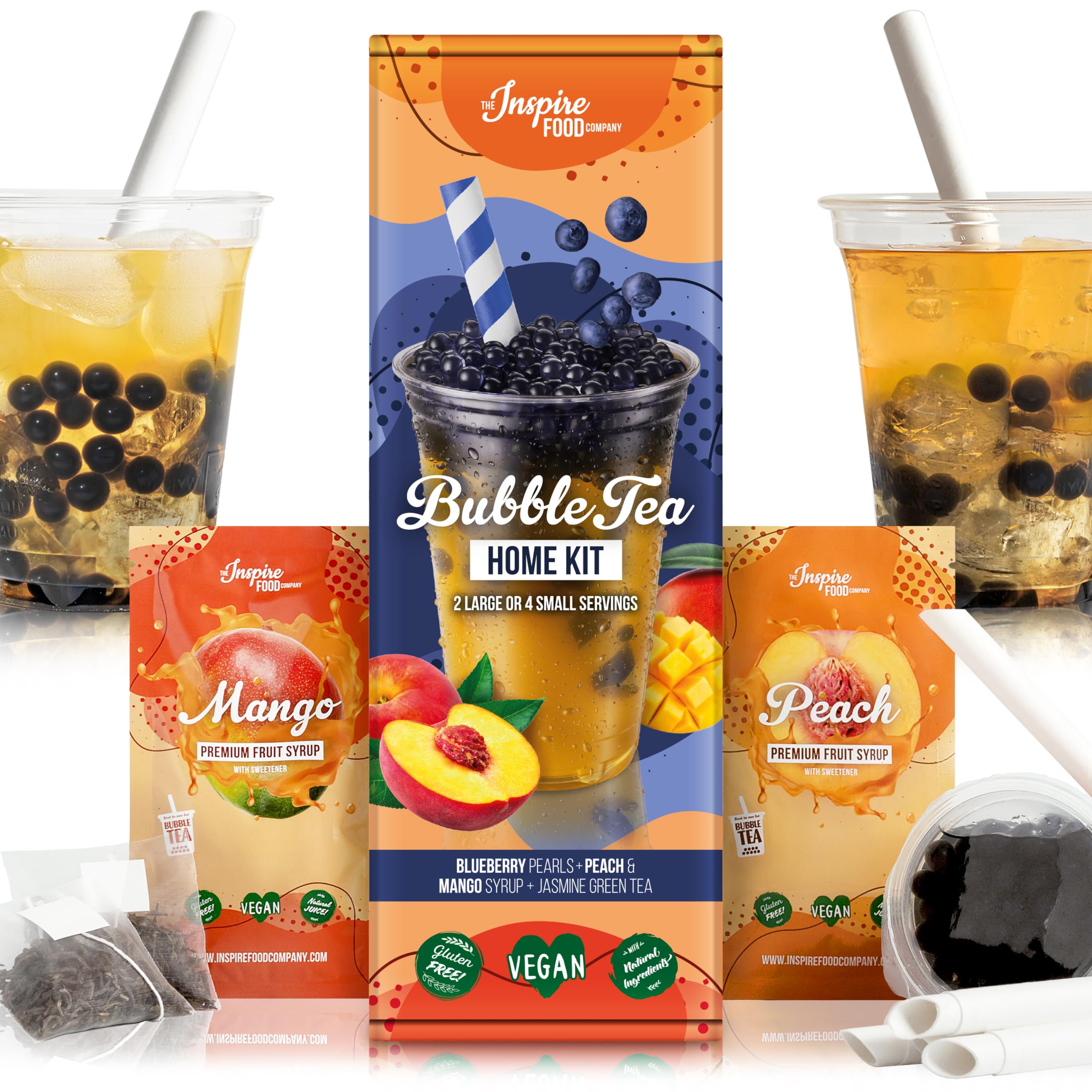 INSPIRE FOOD Bubble Tea Kit - Blueberry Boba 100g, Peach Syrup & Mango Syrup 30ml, 4 Straws + 2 Jasmine Tea Bags | Vegan, Gluten-Free, No Artificial Colors