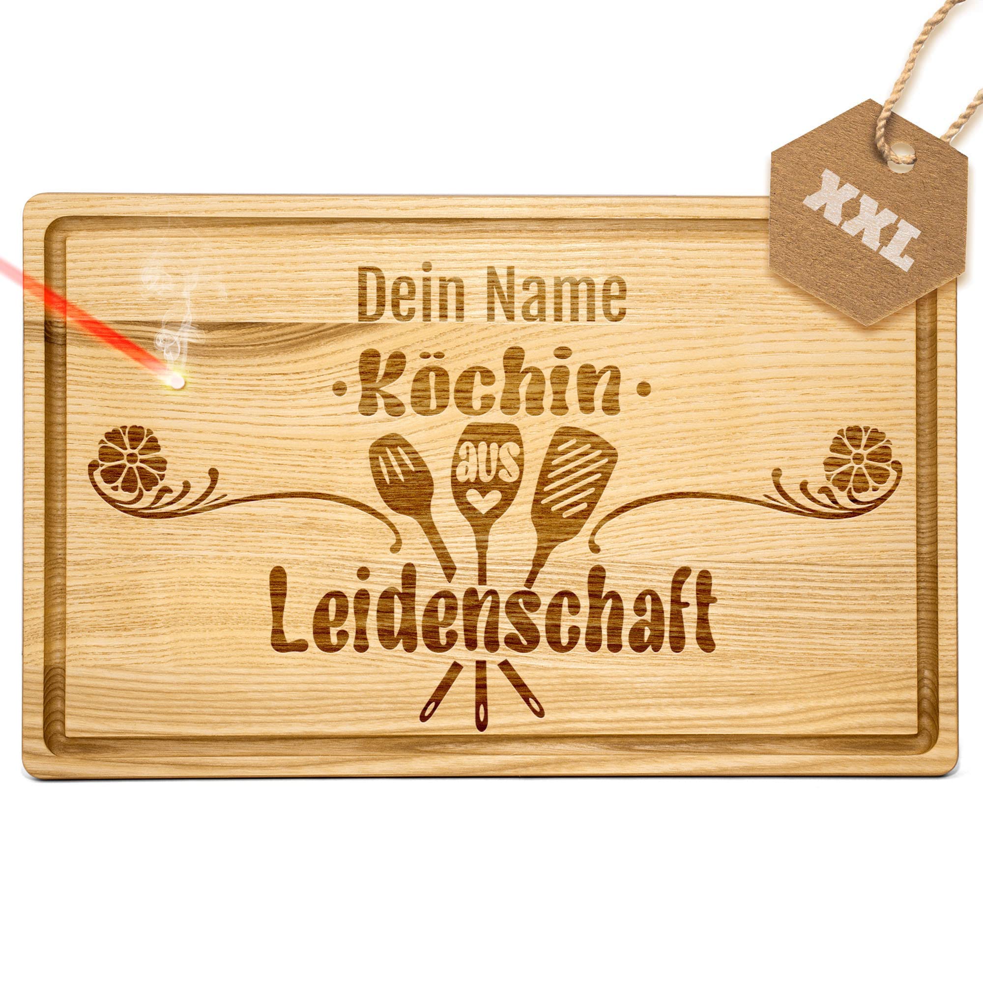 PR Print Royal Großes Holzbrett mit Gravur - Schneidebrett personalisiert - Köchin aus Leidenschaft - Geschenke für Hobbyköche zum Geburtstag | Eschenholz, 40 x 25 x 2 cm, personalisiertes Geschenk