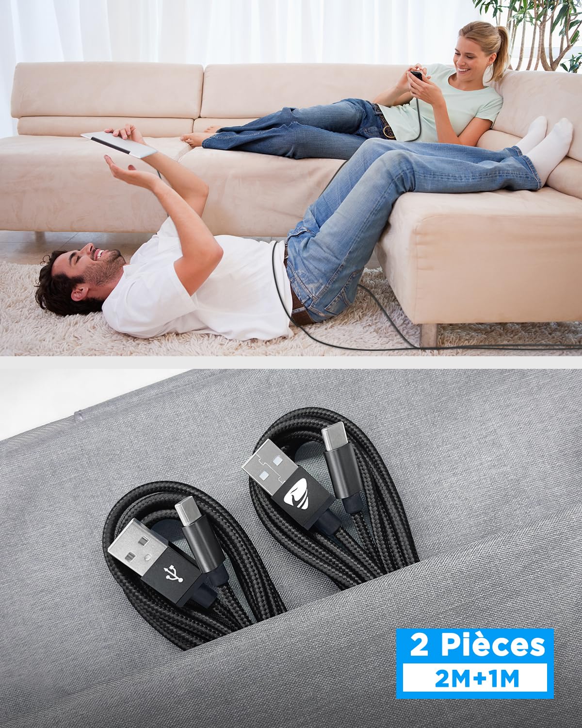 Aioneus Câble USB C Lot de 2 2M+1M Charge Rapide 3A Tressé Type C pour Samsung Galaxy S21 S22 S23 S24 S8 A21s A34 A53 iPhone 15 16 Google Pixel Xiaomi
