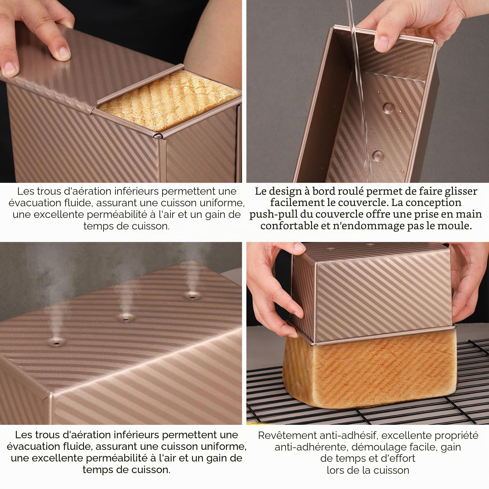 Moule Pain de Mie avec Couvercle, 1000g Moule a Pain Rectangulaire, Moule en Acier Carbone Antiadhésif Idéal pour Toast, Moule à Pains avec Trous de Ventilation pour Toasts et Gâteaux