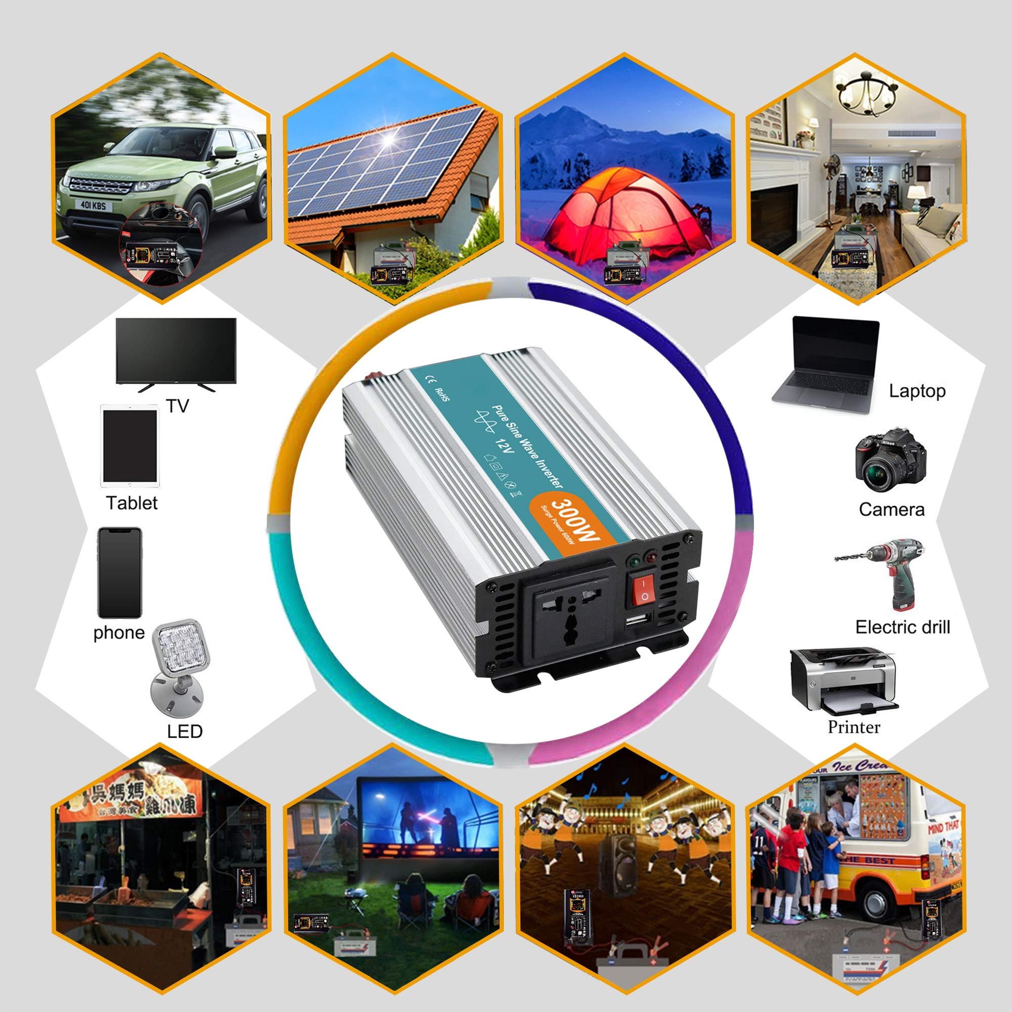 Inversor Corriente Onda Pura, 300 W / 600 W / 1000 W Inversor de Corriente DC a AC, con Toma de AC y Puerto USB, para Tableta, Computadora Portátil, Teléfono Inteligente