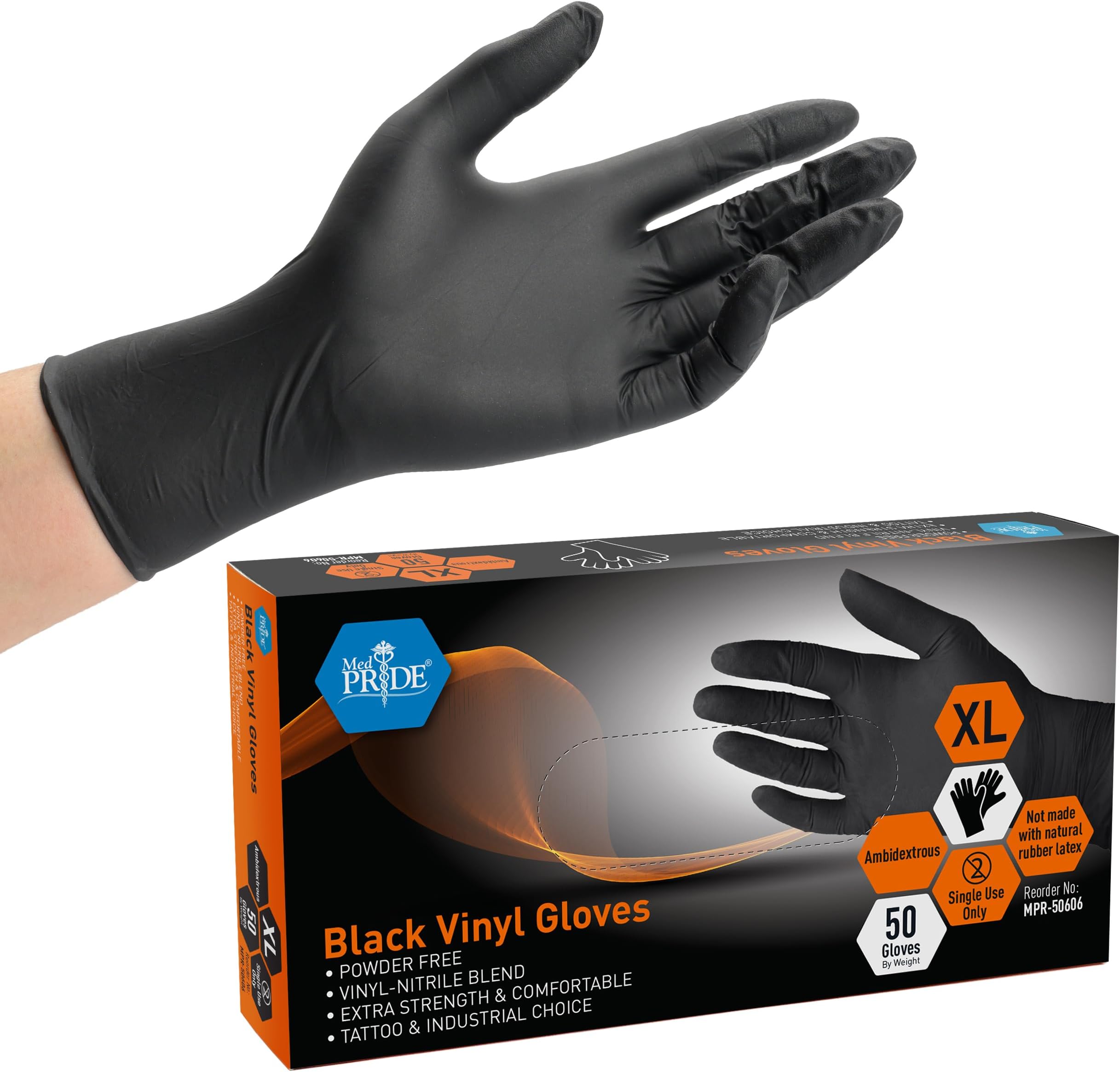 MED PRIDE Extra Strength Black Vinyl Disposable Gloves, Powder & Latex-Free, For Surgical, Tattoo Artist, Food Prep Use