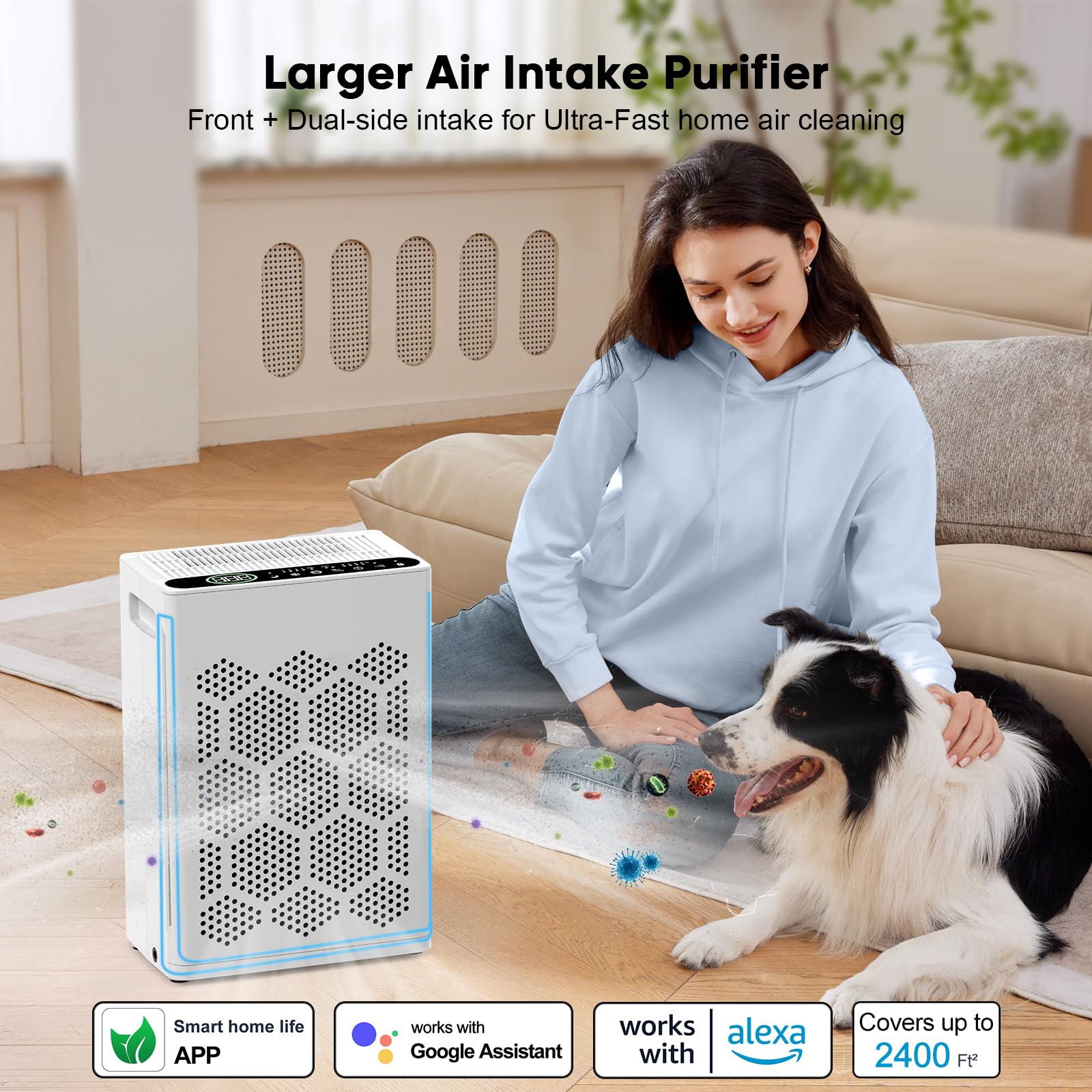 DAYETTE Purificatori d'aria per la casa di grandi dimensioni fino a 2400 m² con profumo, controllo intelligente WiFi Alexa, modalità automatica, purificatore d'aria HEPA con prefiltro lavabile per